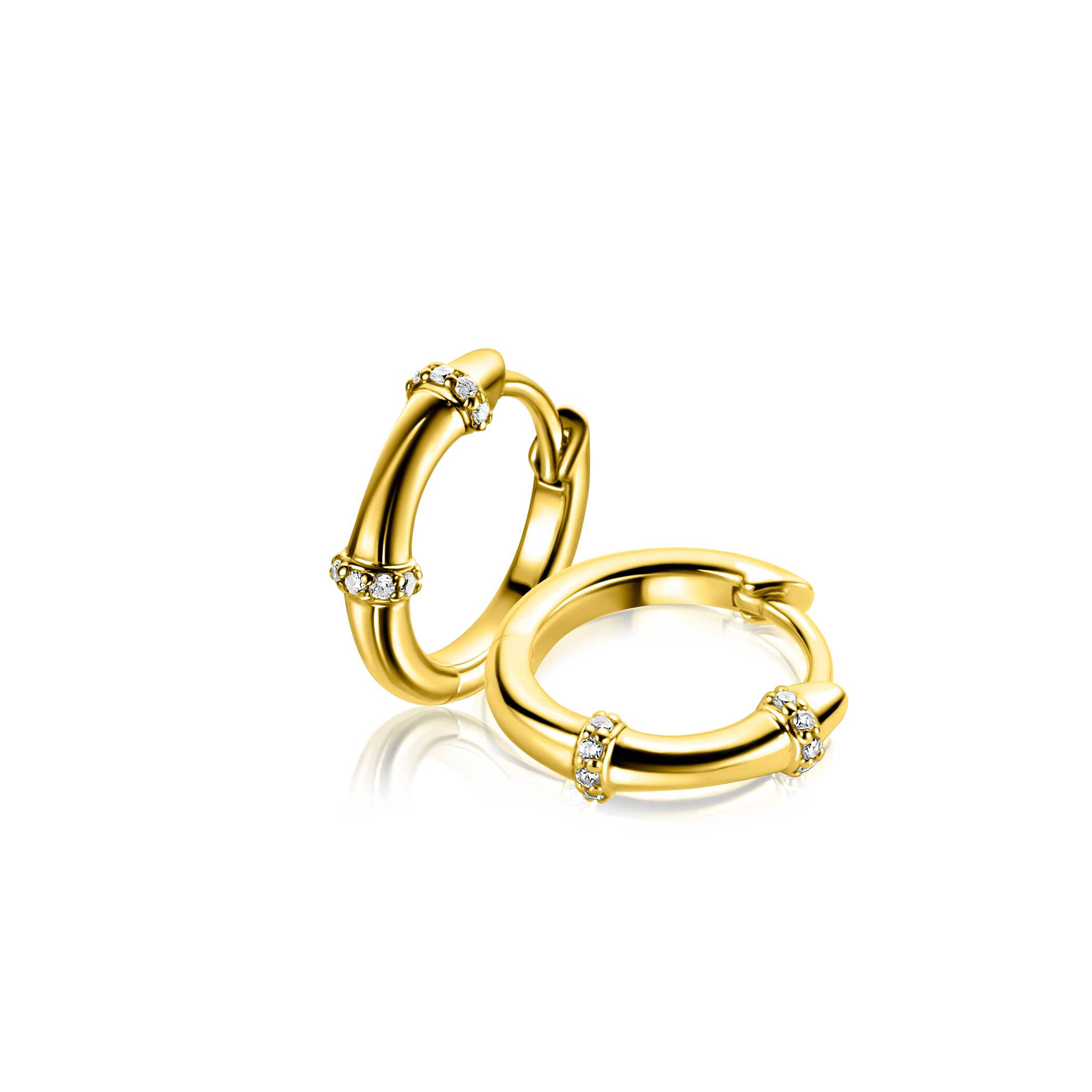 15mm ZINZI gold plated silver hoop earrings with bamboo pattern, set with white cubic zirconias and luxury clasp ZIO2687Y