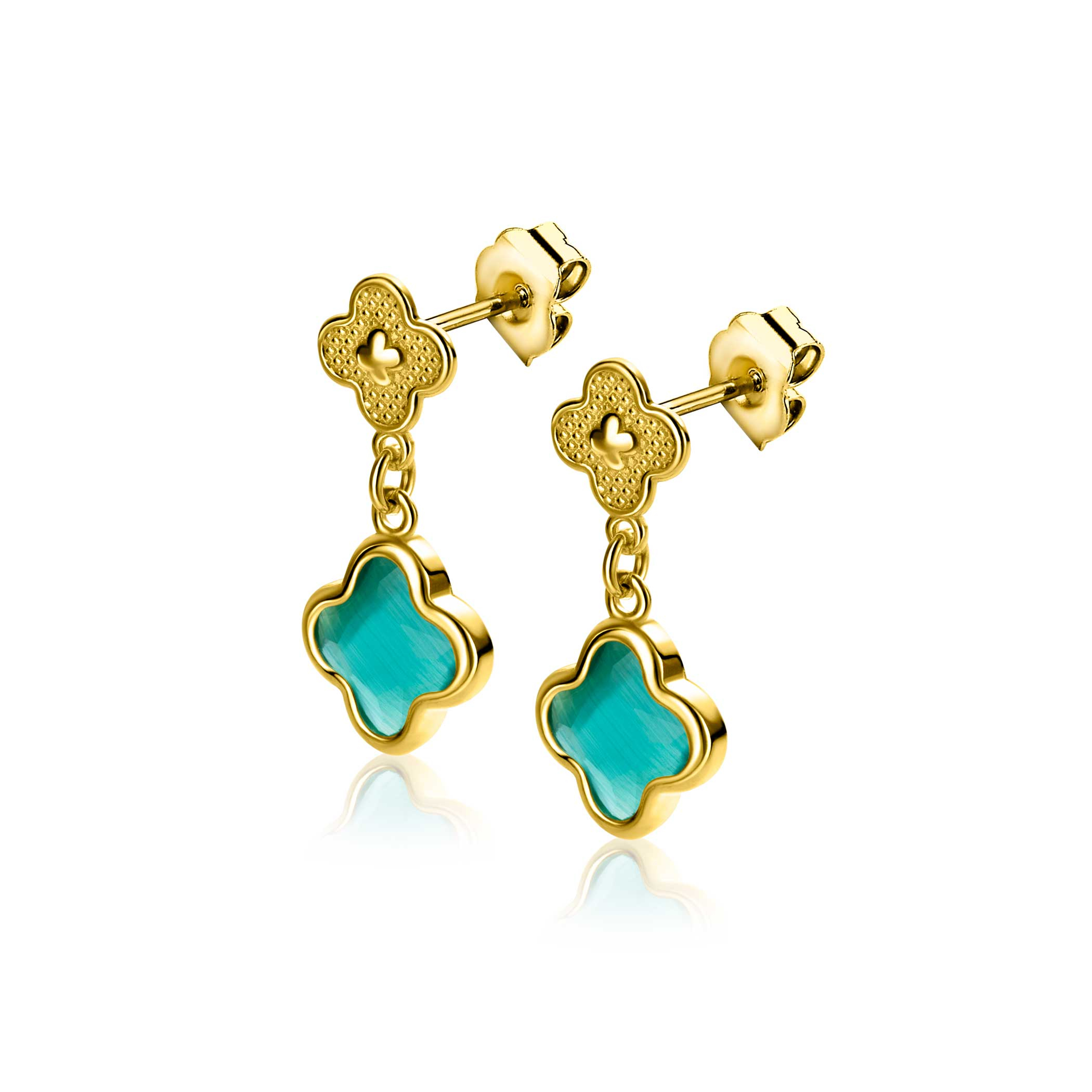 23mm ZINZI gold plated silver stud earrings with green clovers 10mm ZIO2583
