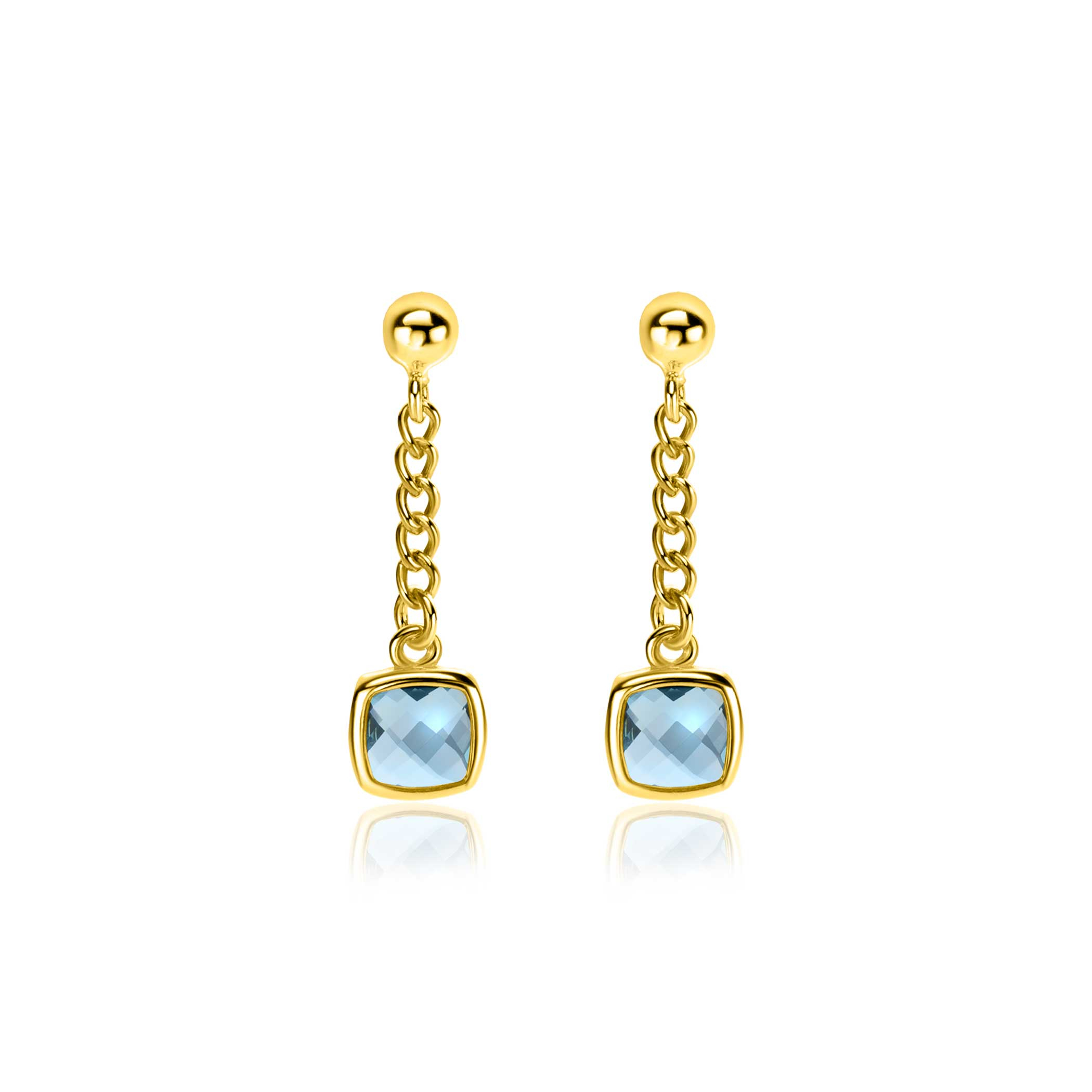 25mm ZINZI Gold Plated Sterling Silver Stud Earrings with Curb Chain and Square Setting with Indigo Blue Color Stone ZIO2417G