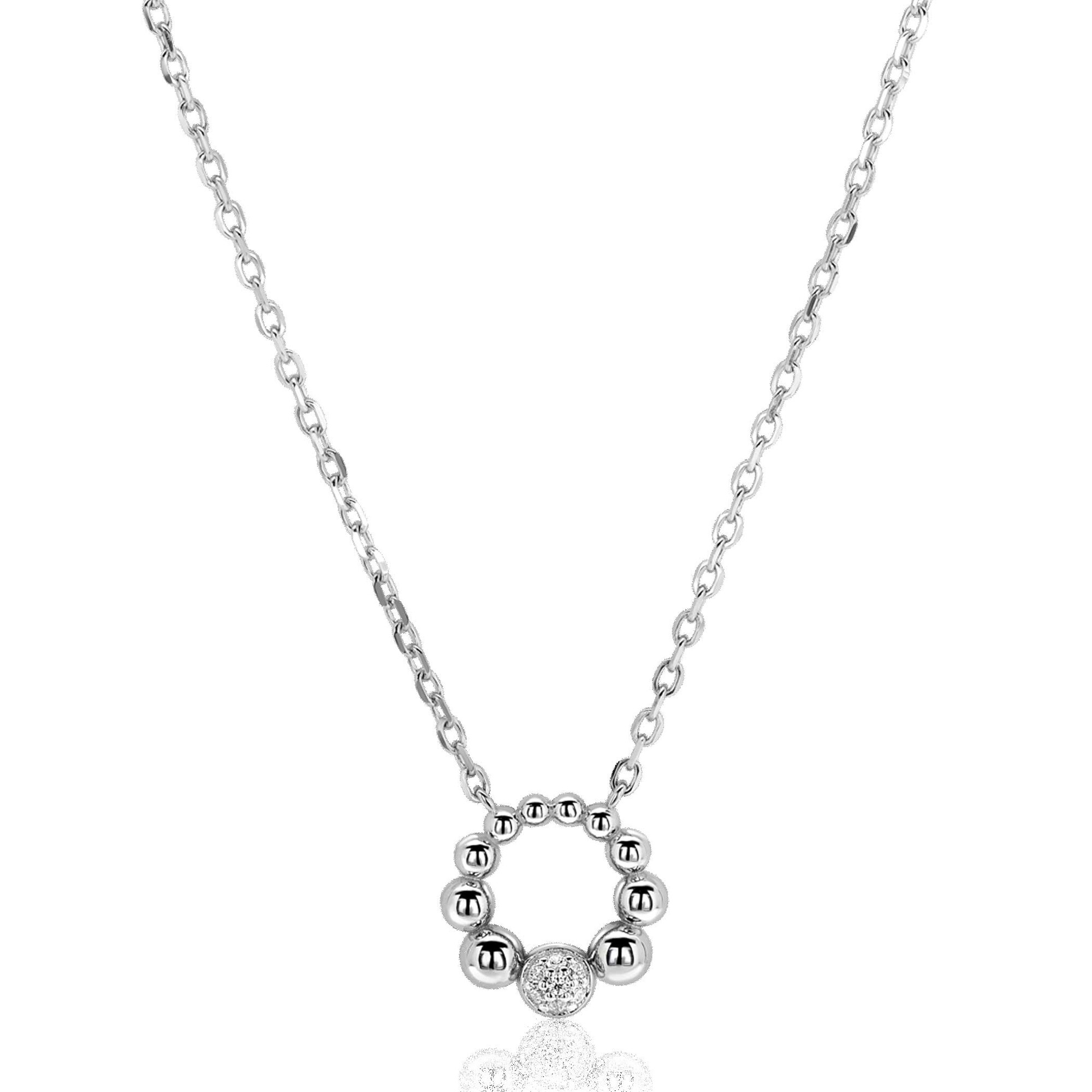 ZINZI zlv. collier open ronde bolletjes hanger en zirc.