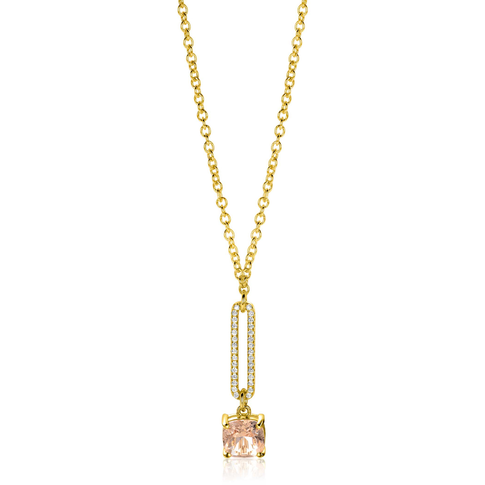 ZINZI gold plated silver belcher chain necklace with dazzling open oval shape and square pendant in light pink 42-45cm ZIC2579
