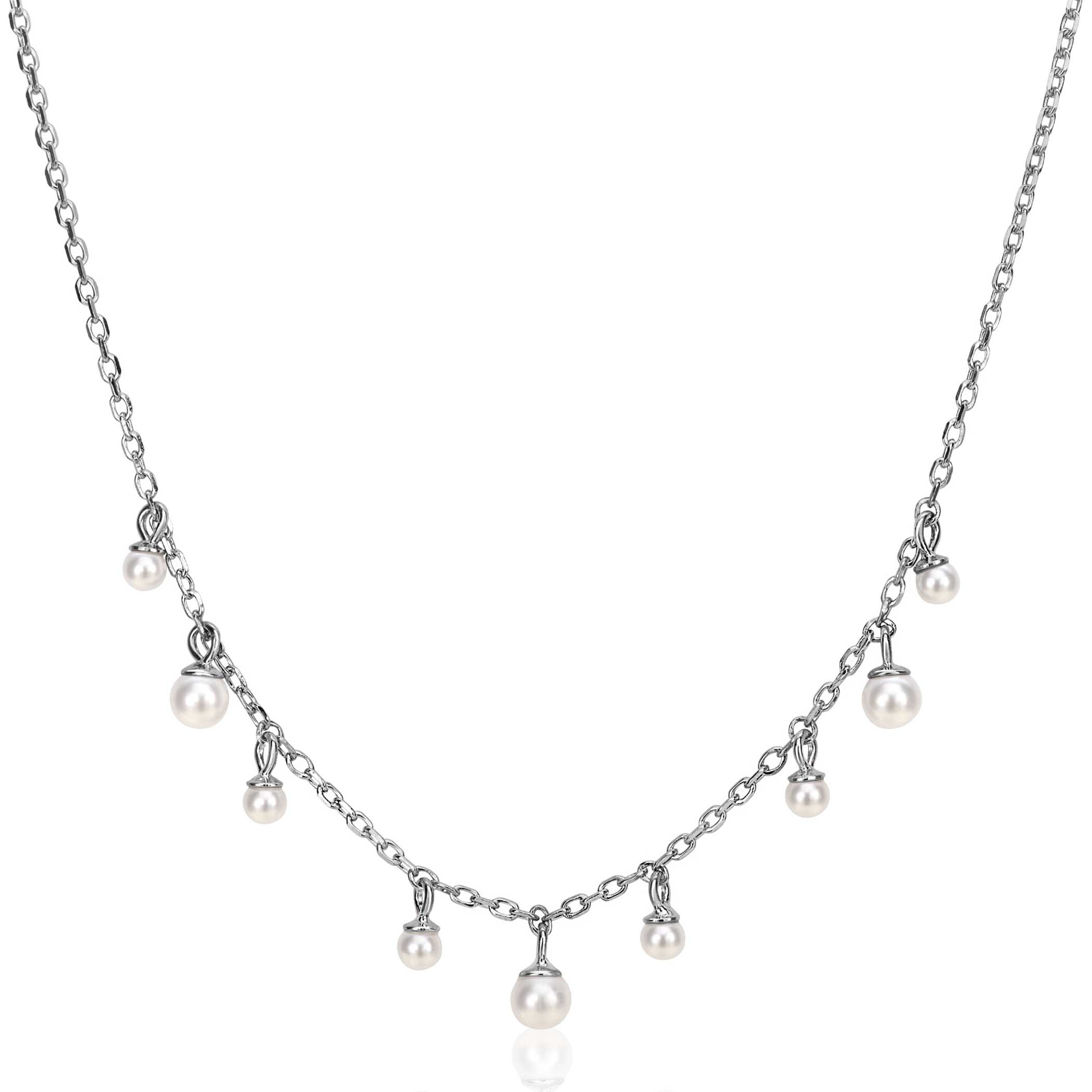 ZINZI silver chain necklace with nine round white glass pearls in various sizes, playfully distributed over the necklace 40-45cm ZIC2623