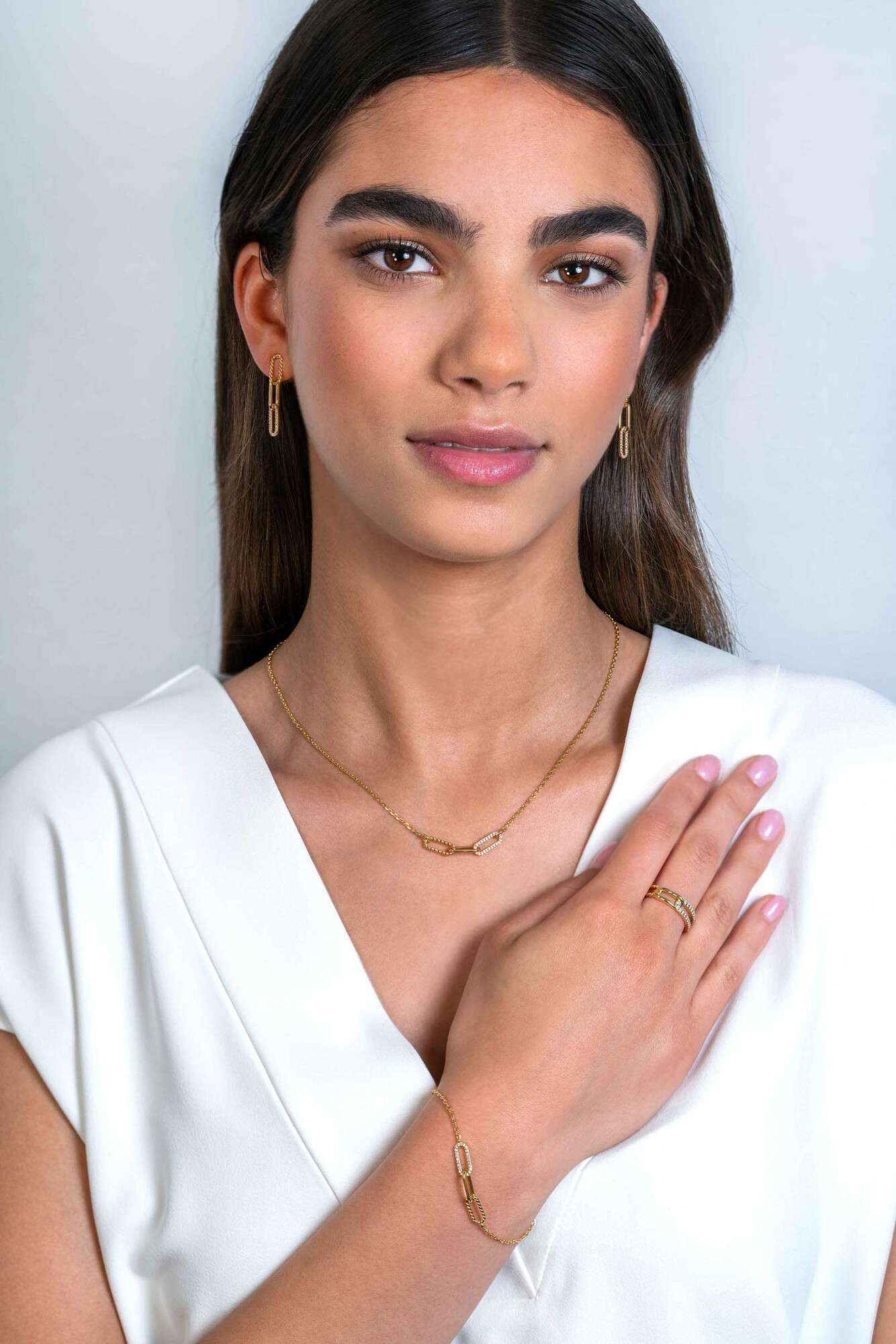 30mm ZINZI Gold Plated Sterling Silver Long Earrings with 3 Paperclip Chains: Smooth, Twist Design and White Zirconias ZIO2330Y