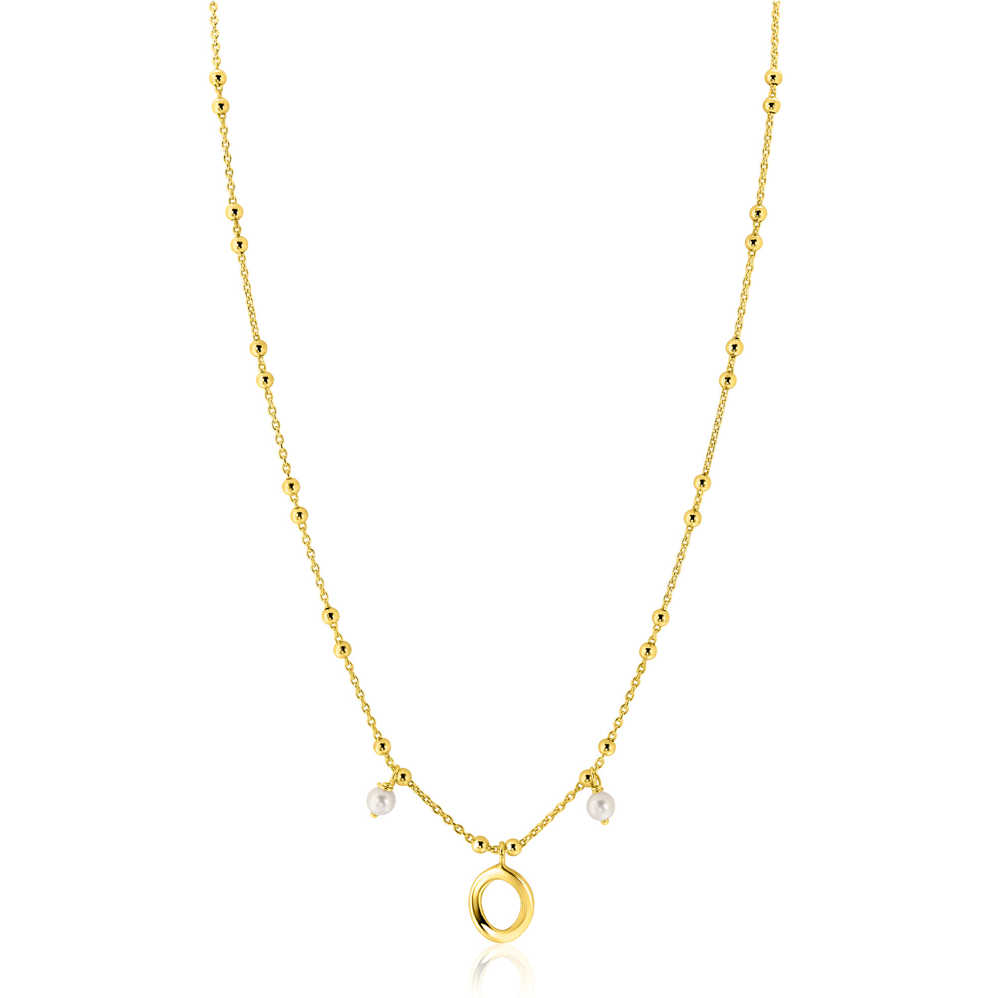 ZINZI Gold Plated Sterling Silver Fantasy Necklace with 15 Small Beads, 2 White Pearls and a Playful Organic Open Design 42-45cm ZIC2405