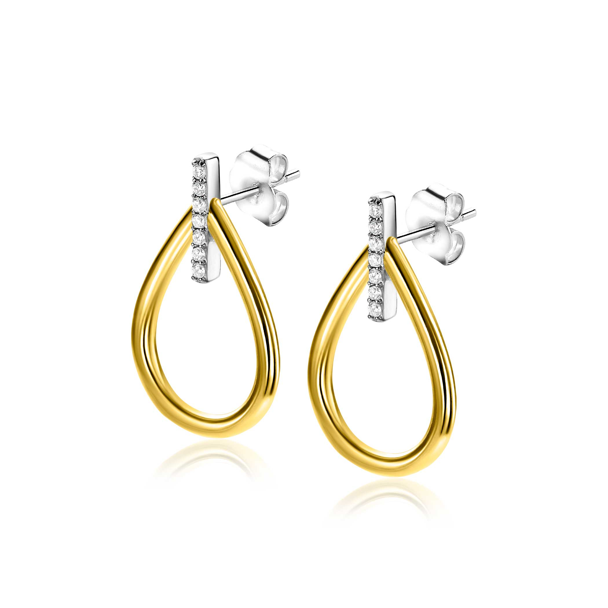 25mm ZINZI gold plated silver large oval stud earrings with top set with white zirconia ZIO2619