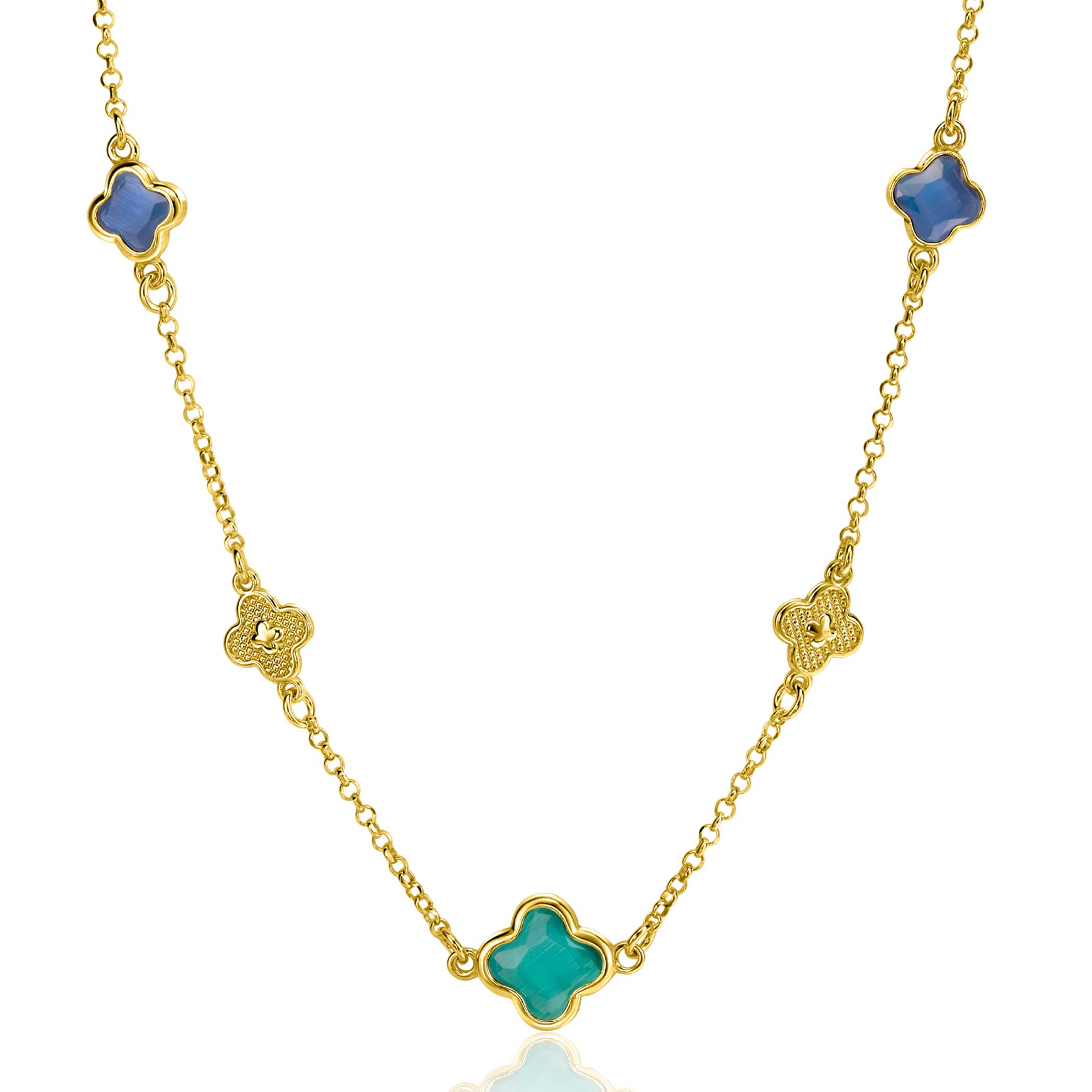 ZINZI gold plated silver link necklace with two dark blue clovers and one larger green clover 40-45cm ZIC2583
