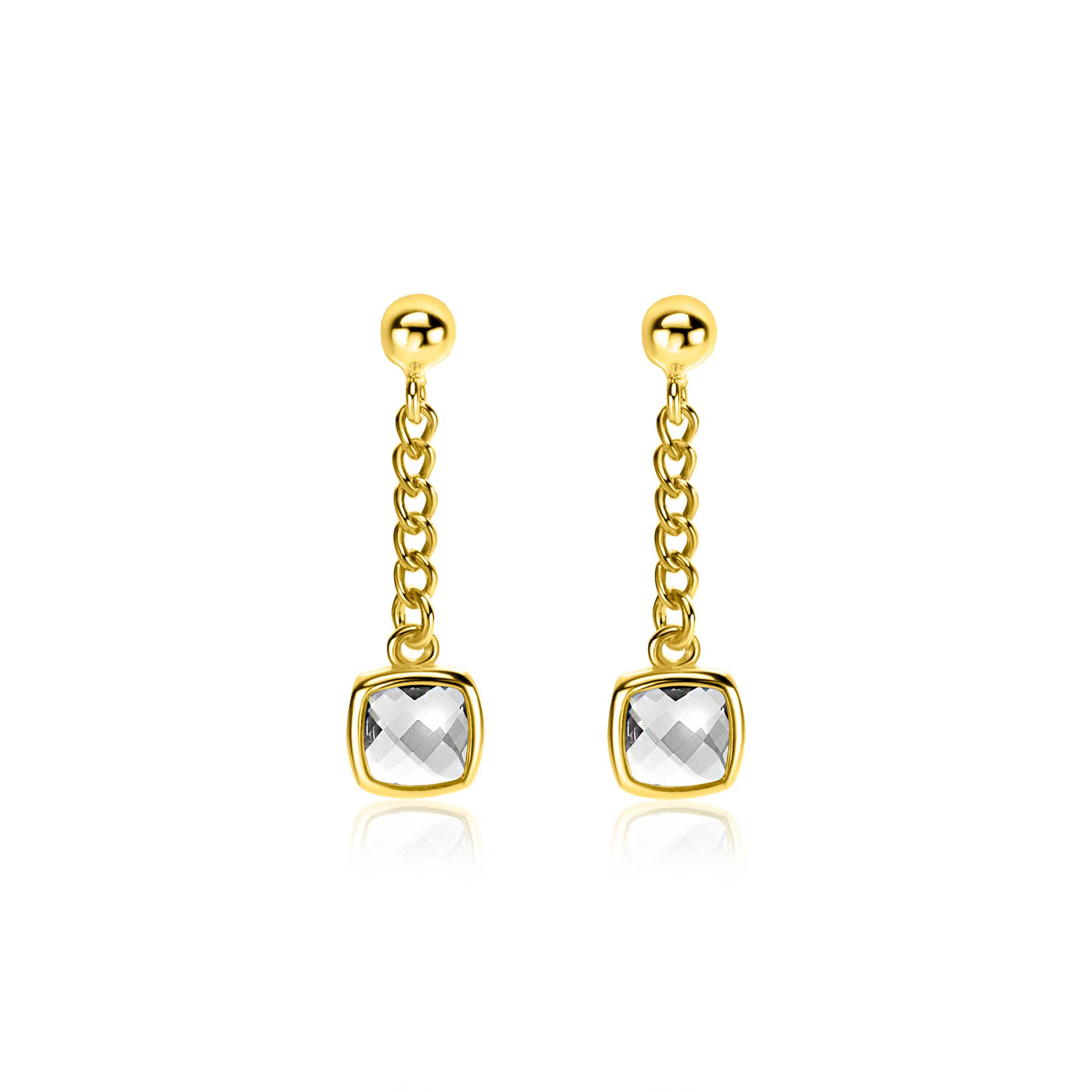 25mm ZINZI gold plated silver stud earrings with gourmet chain and square setting white zirconia ZIO2417Y
