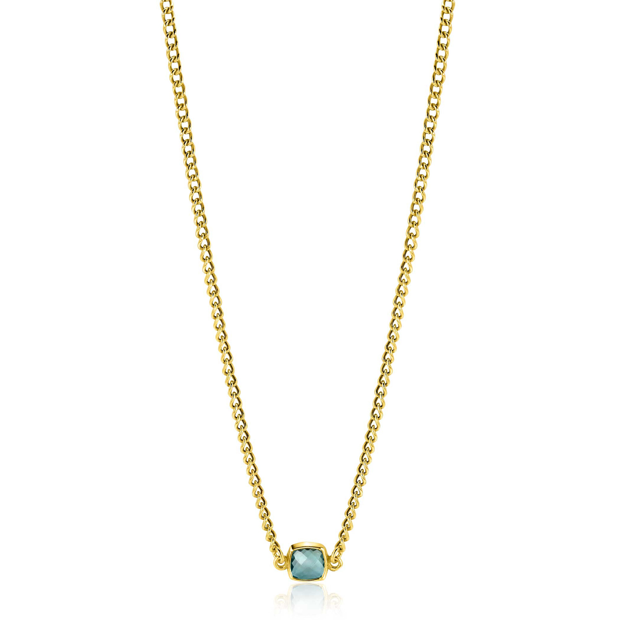 ZINZI Gold Plated Sterling Silver Curb Chain Necklace with Square Setting with Indigo Blue Color Stone 40-45cm ZIC2417G