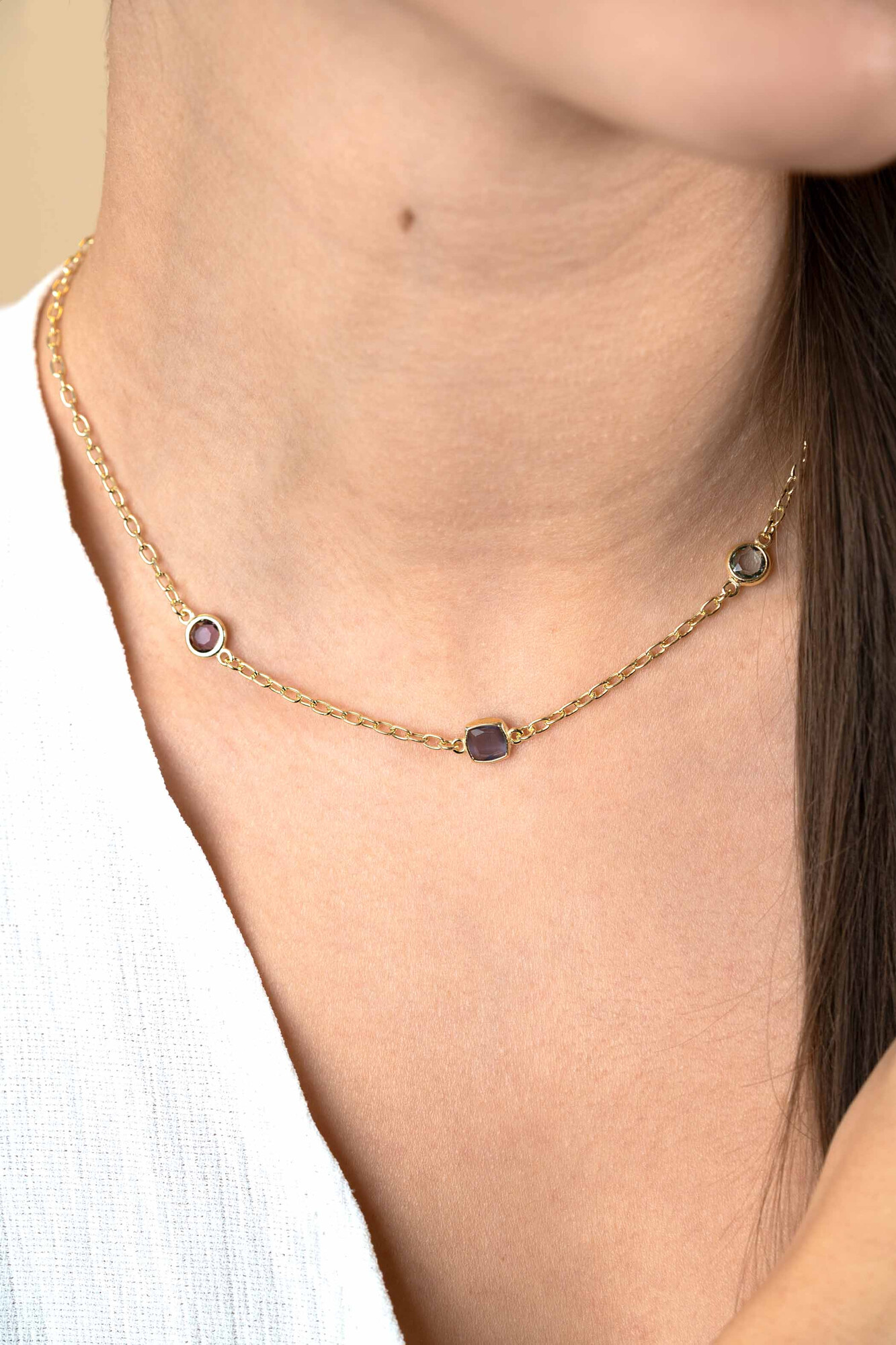 ZINZI Gold Plated Sterling Silver Chain Necklace with Round and Square Settings with Pastel and Purple Color Stone 42-45cm ZIC2525G