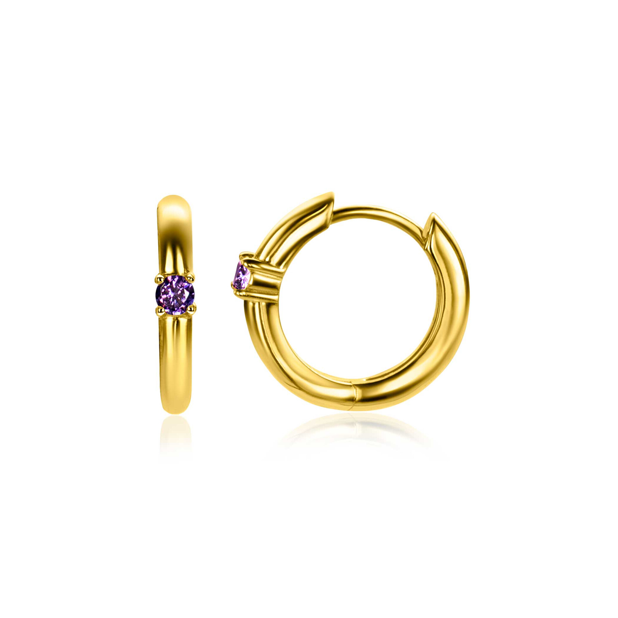 FEBRUARY Hoop Earrings 13mm Gold Plated with Birthstone Purple Amethyst Zirconia
