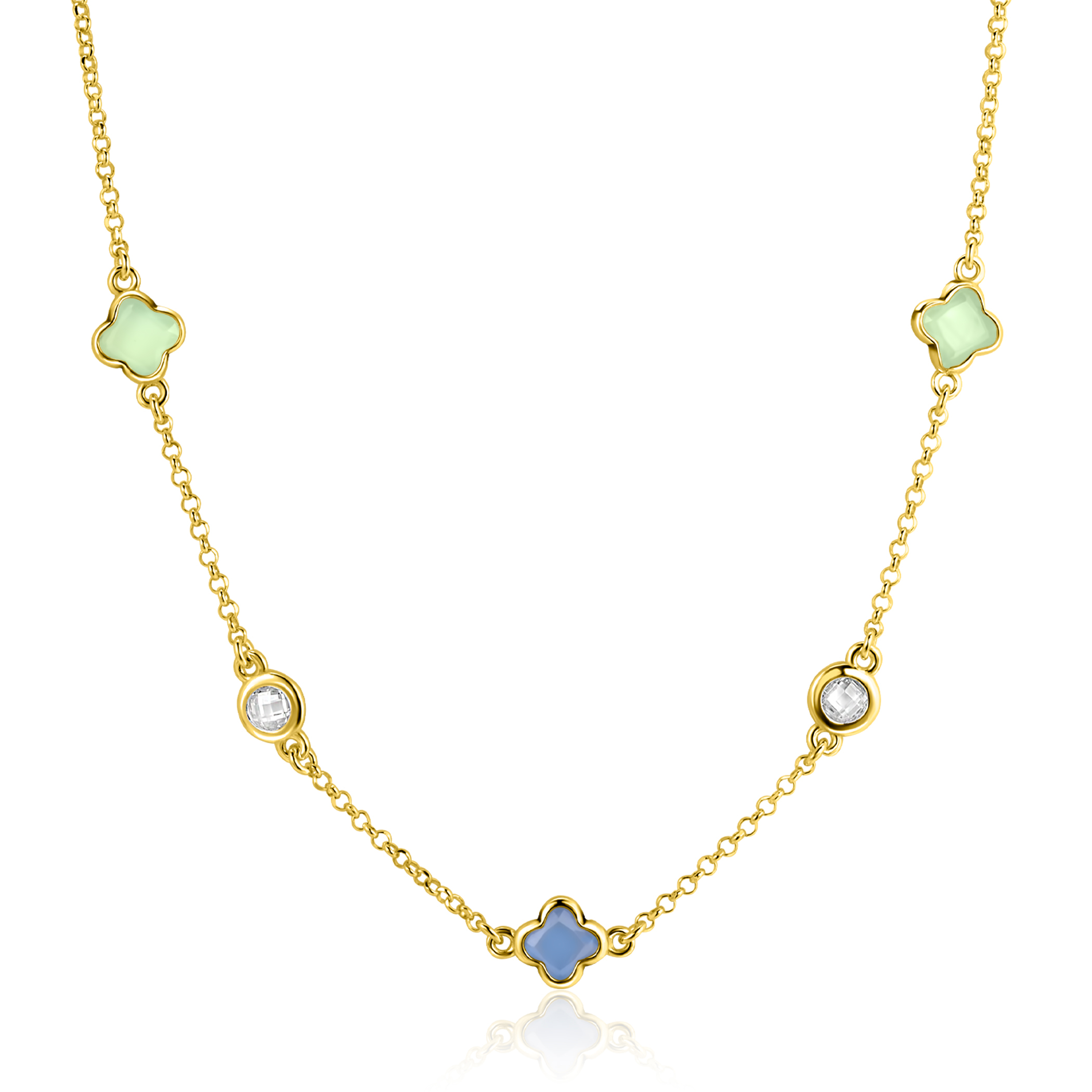 ZINZI zlv. collier gg.verg. klavers blauw/groen/zirc