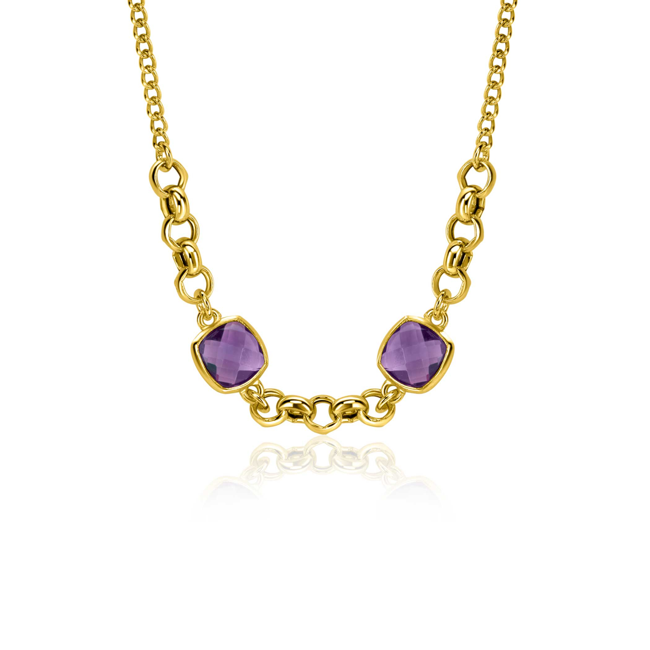 ZINZI gold-plated silver gourmet link necklace with two square purple gemstones, 40-45cm, ZIC-BF122