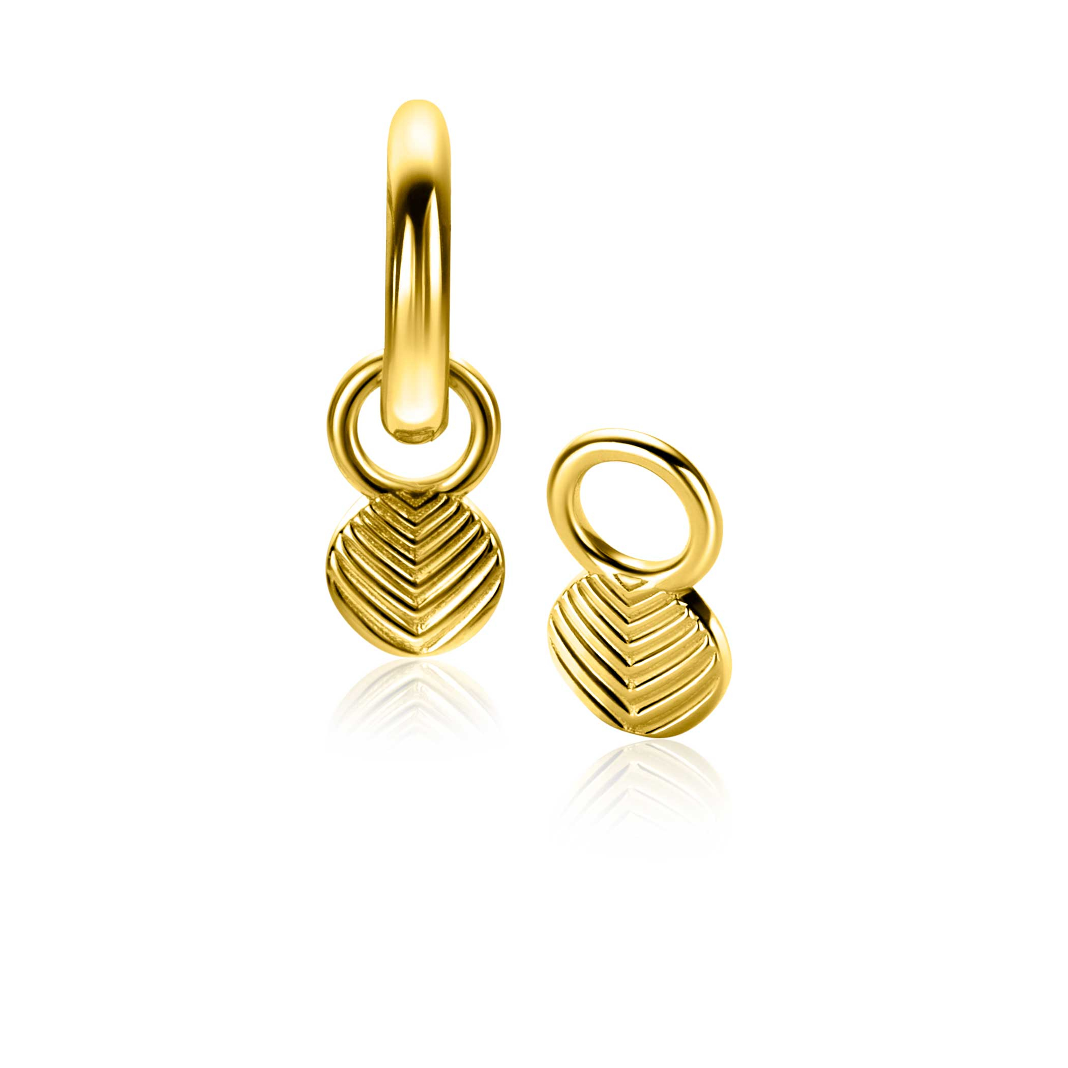 11mm ZINZI gold plated silver charm earrings in round shape, engraved with feather motif ZICH2644G (without hoop earrings)