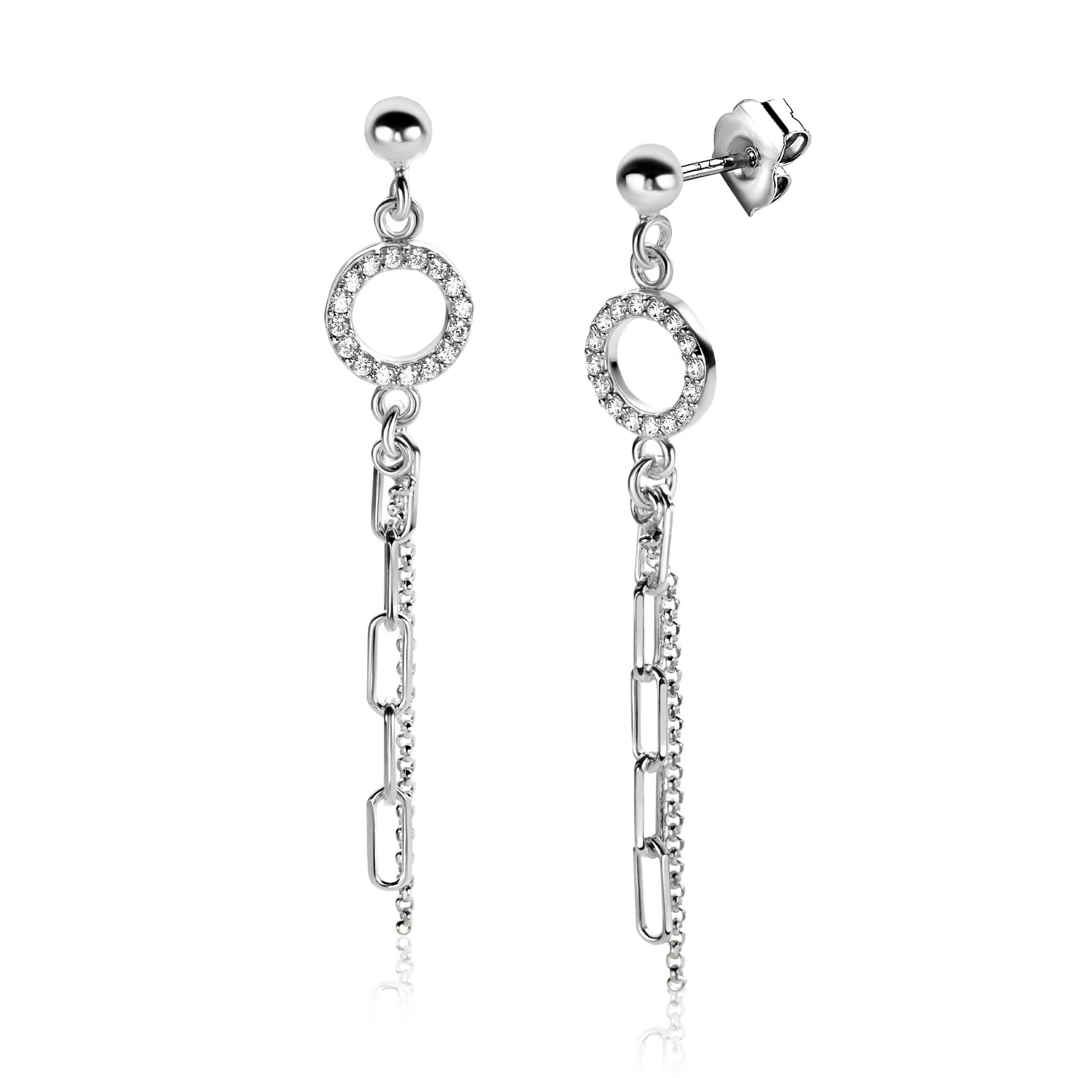 46mm ZINZI Sterling Silver Stud Earrings Open Circle White Zirconias with Dangling Paperclip and Curb Chain ZIO2464