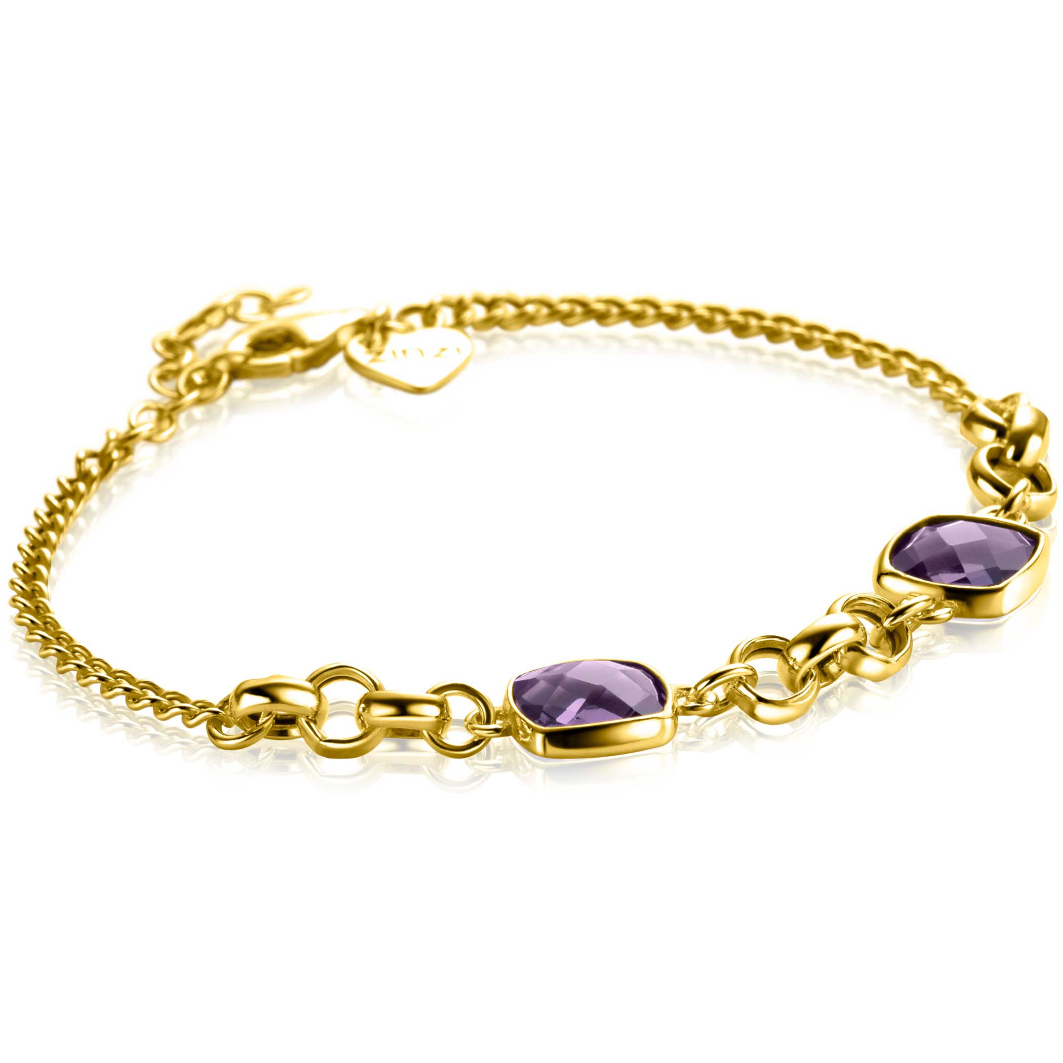 ZINZI gold-plated silver gourmet link bracelet with two square purple gemstones, 16-19cm, ZIA-BF122