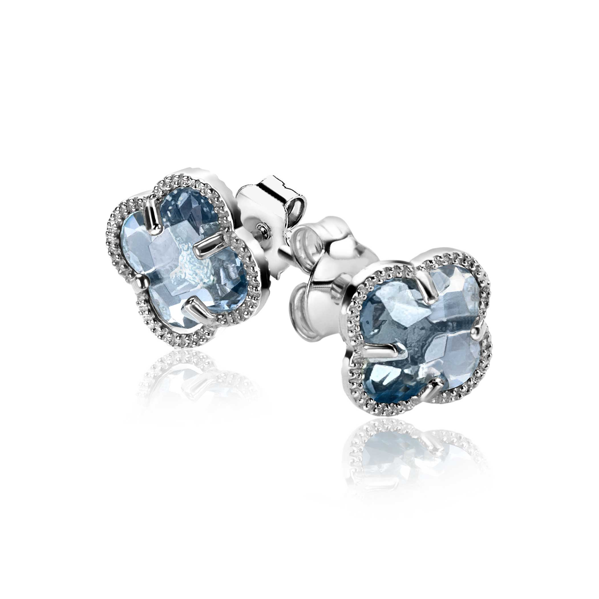 9mm ZINZI silver stud earrings in clover shape with light blue cubic zirconia ZIO2663B