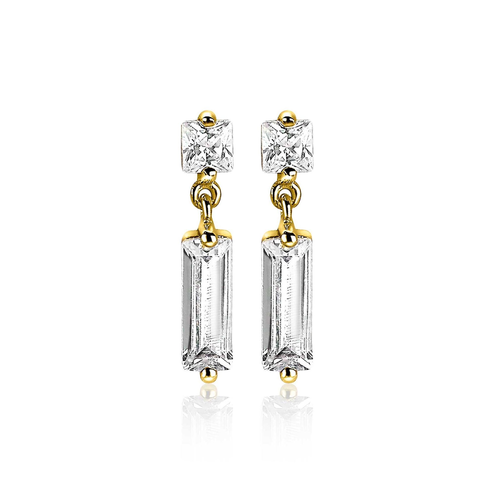 15mm ZINZI Gold Plated Sterling Silver Earrings Baguette White Zirconias ZIO2056Y