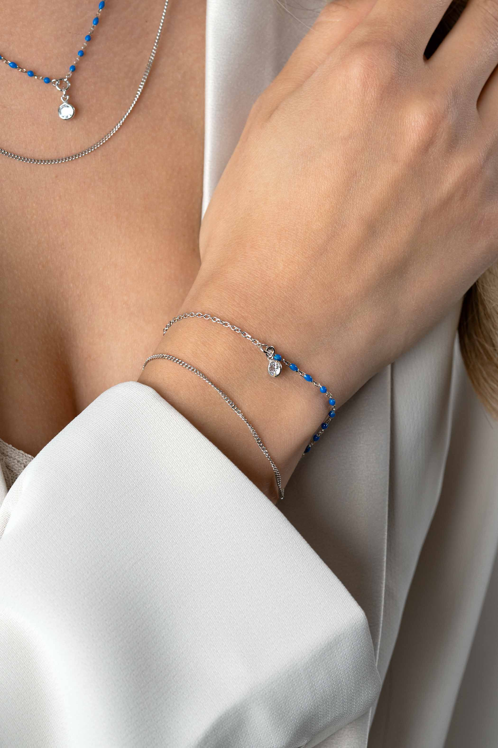 ZINZI Sterling Silver Multi-look Bracelet Curb and Blue Bead Chain with Round Setting with White Zirconia 16,5-19,5cm ZIA2529