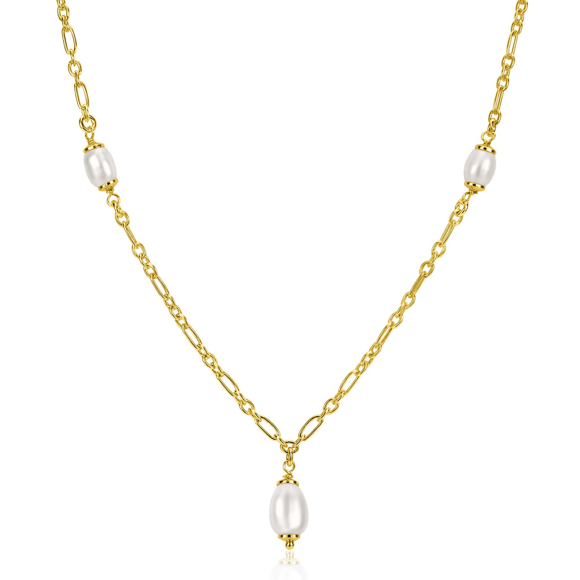ZINZI gold plated silver chain necklace with three oval white freshwater pearls 40-45cm ZIC2588