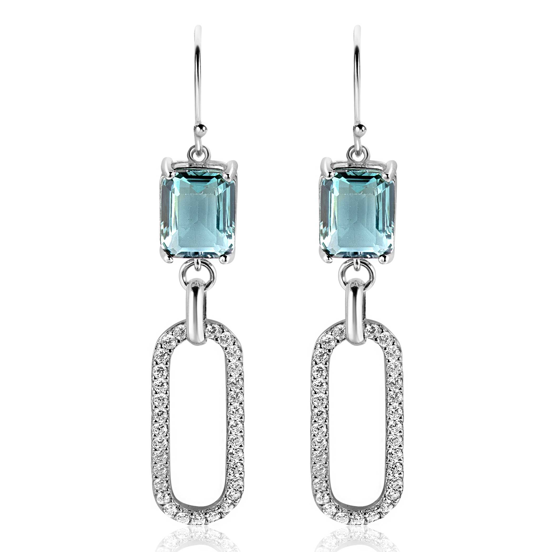 58mm ZINZI Sterling Silver Drop Earrings with Beautiful Oval link,White Zirconias and Greenish-Blue (Petrol) Color Stone in Prong Setting ZIO2487L