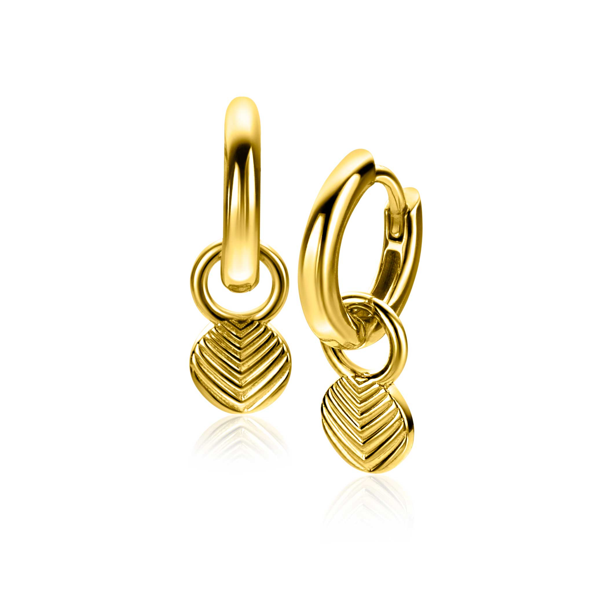 11mm ZINZI gold plated silver charm earrings in round shape, engraved with feather motif ZICH2644G (without hoop earrings)