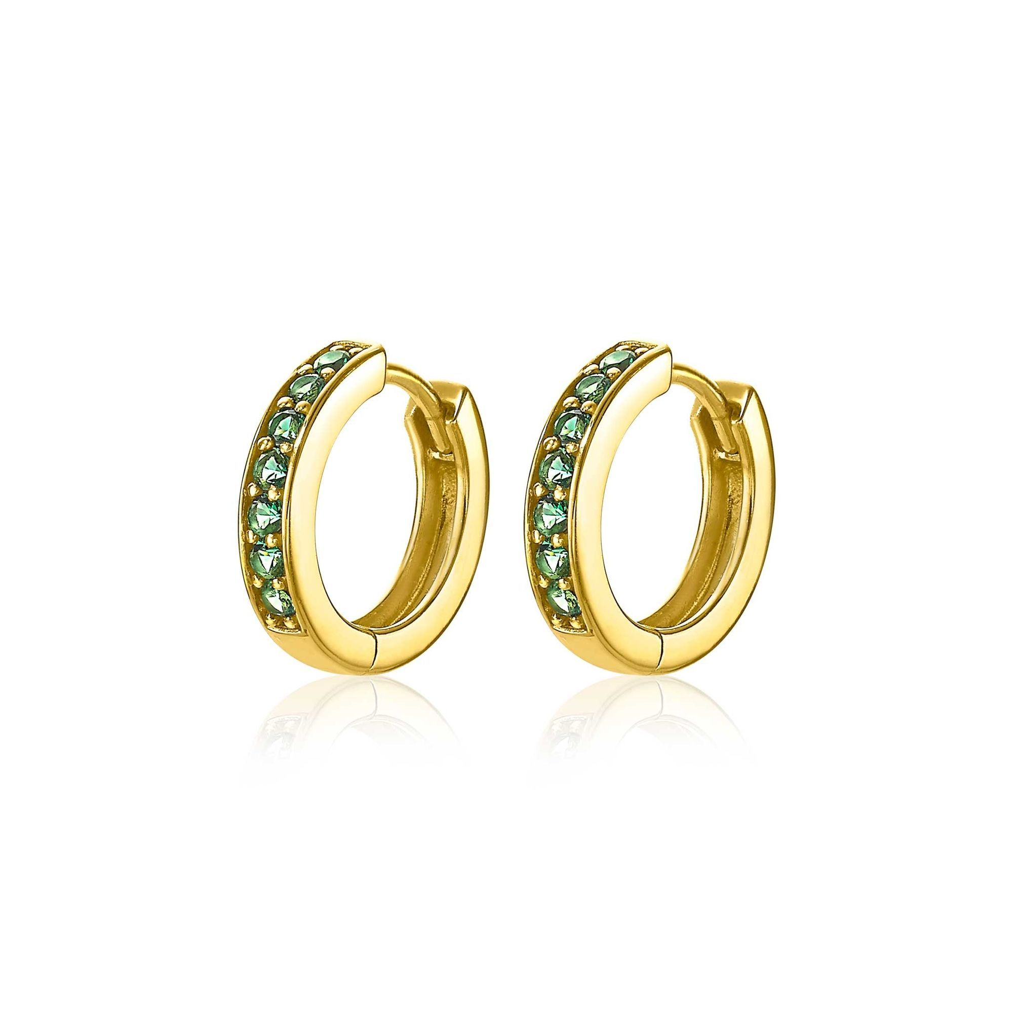 15mm ZINZI Gold Plated Sterling Silver Hoop Earrings Green Zirconias width 3mm ZIO191GG