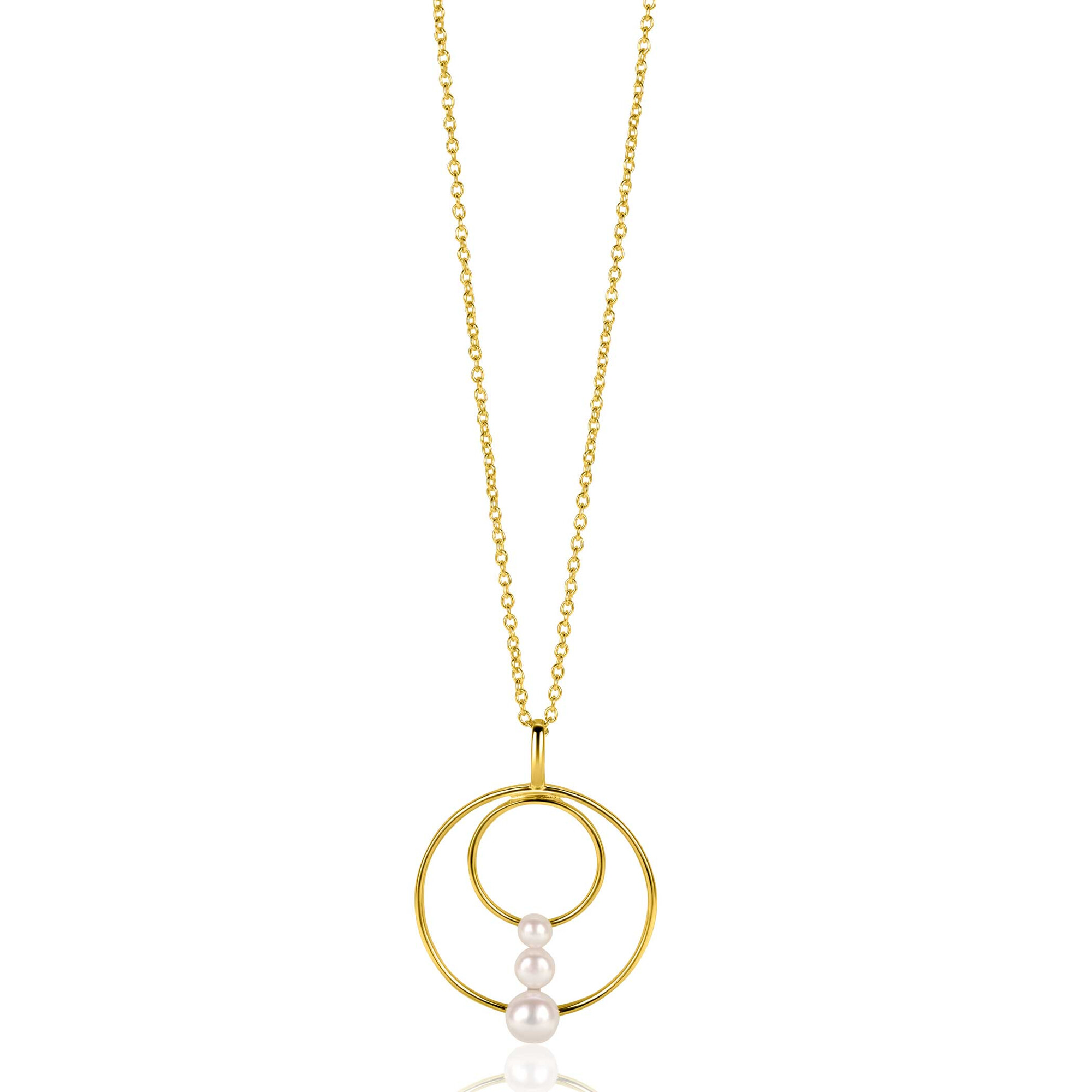 34mm ZINZI gold plated silver round fantasy pendant set with three round white freshwater pearls ZIH2616 (without necklace)