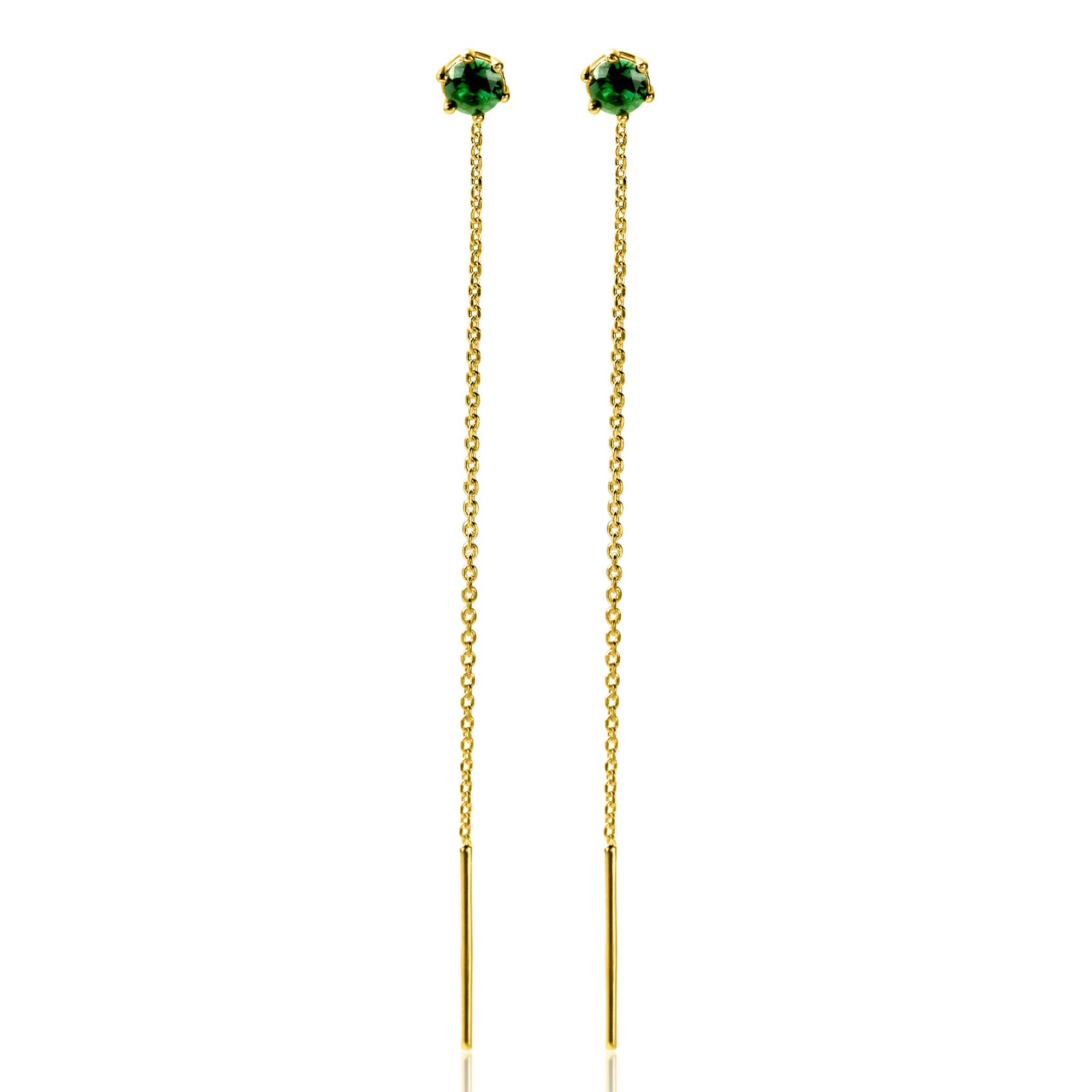 80mm ZINZI gold plated silver threader earrings with 5mm green stone chaton setting and graceful chain ZIO2576GG
