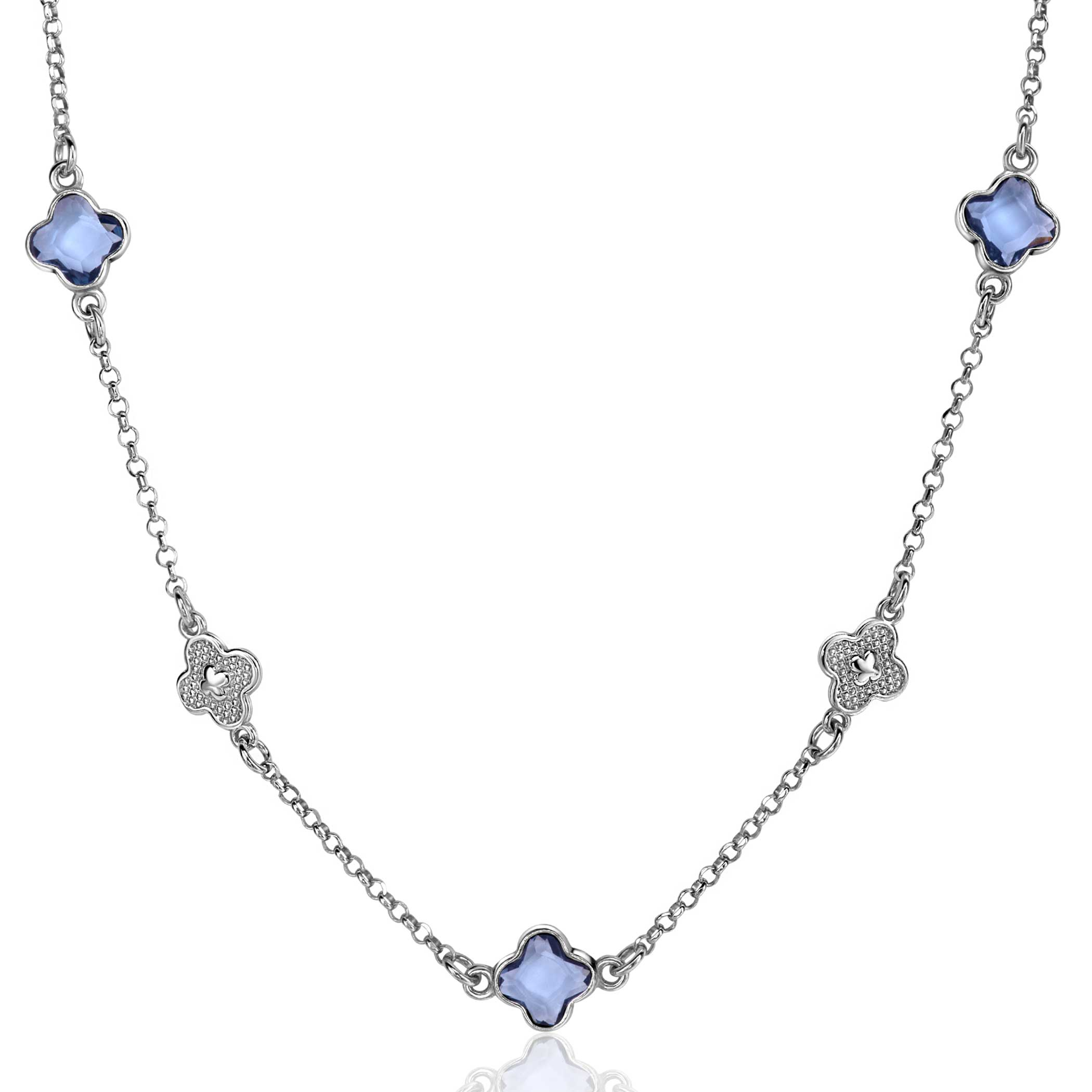 ZINZI silver link necklace with two silver and three blue clovers 40-45cm ZIC2582
