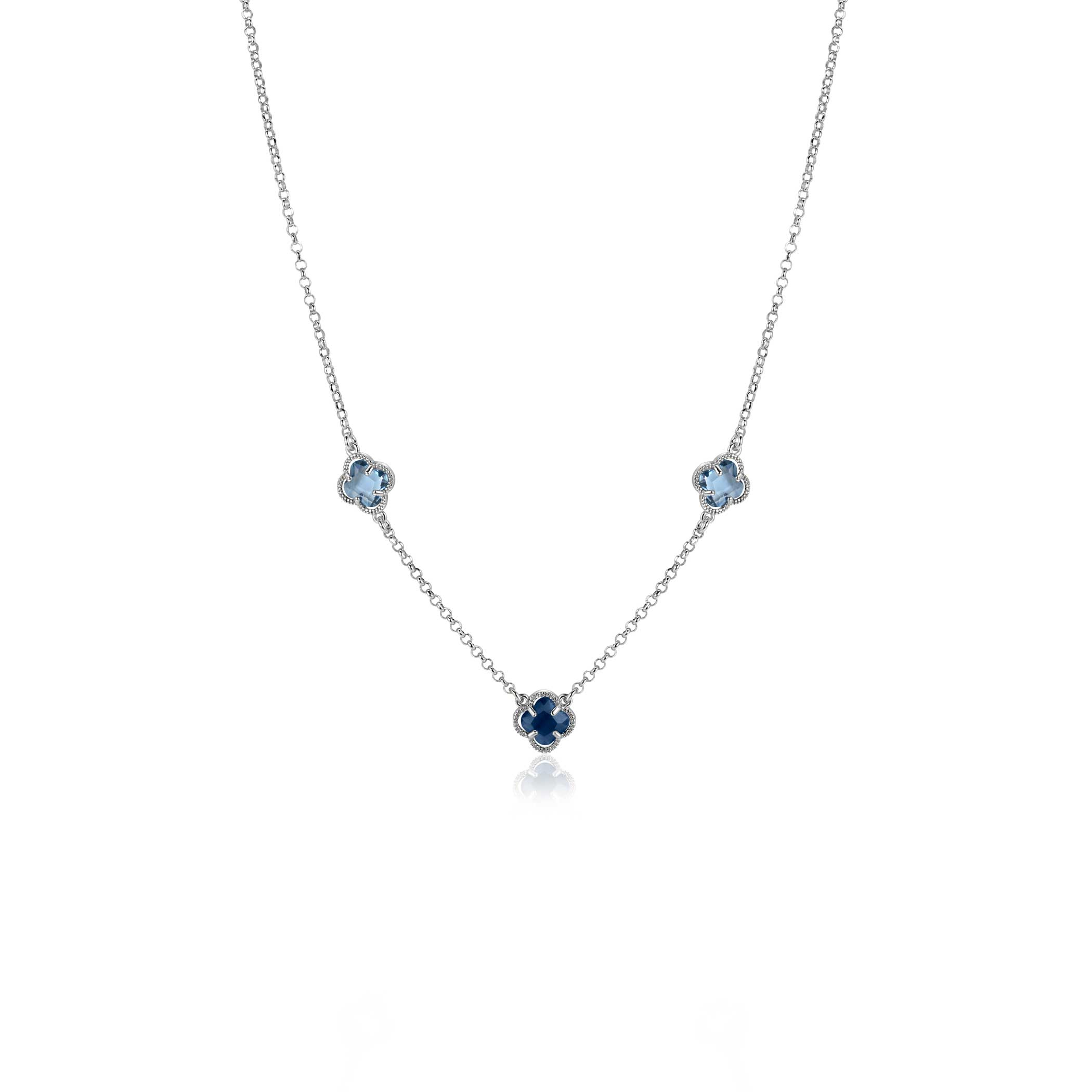 ZINZI silver link necklace with two light blue clovers and one dark blue clover 42-45cm ZIC2663B