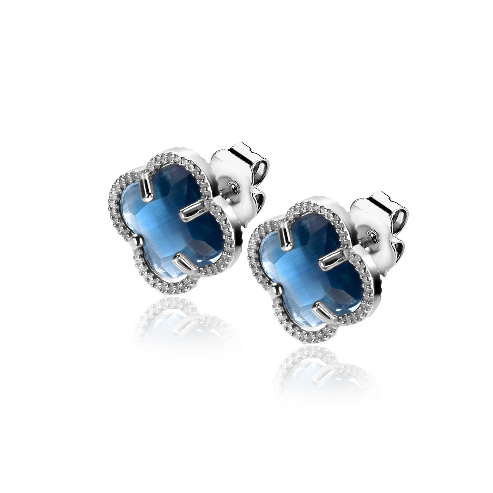 9mm ZINZI silver stud earrings in clover shape with dark blue cubic zirconia ZIO2663DB