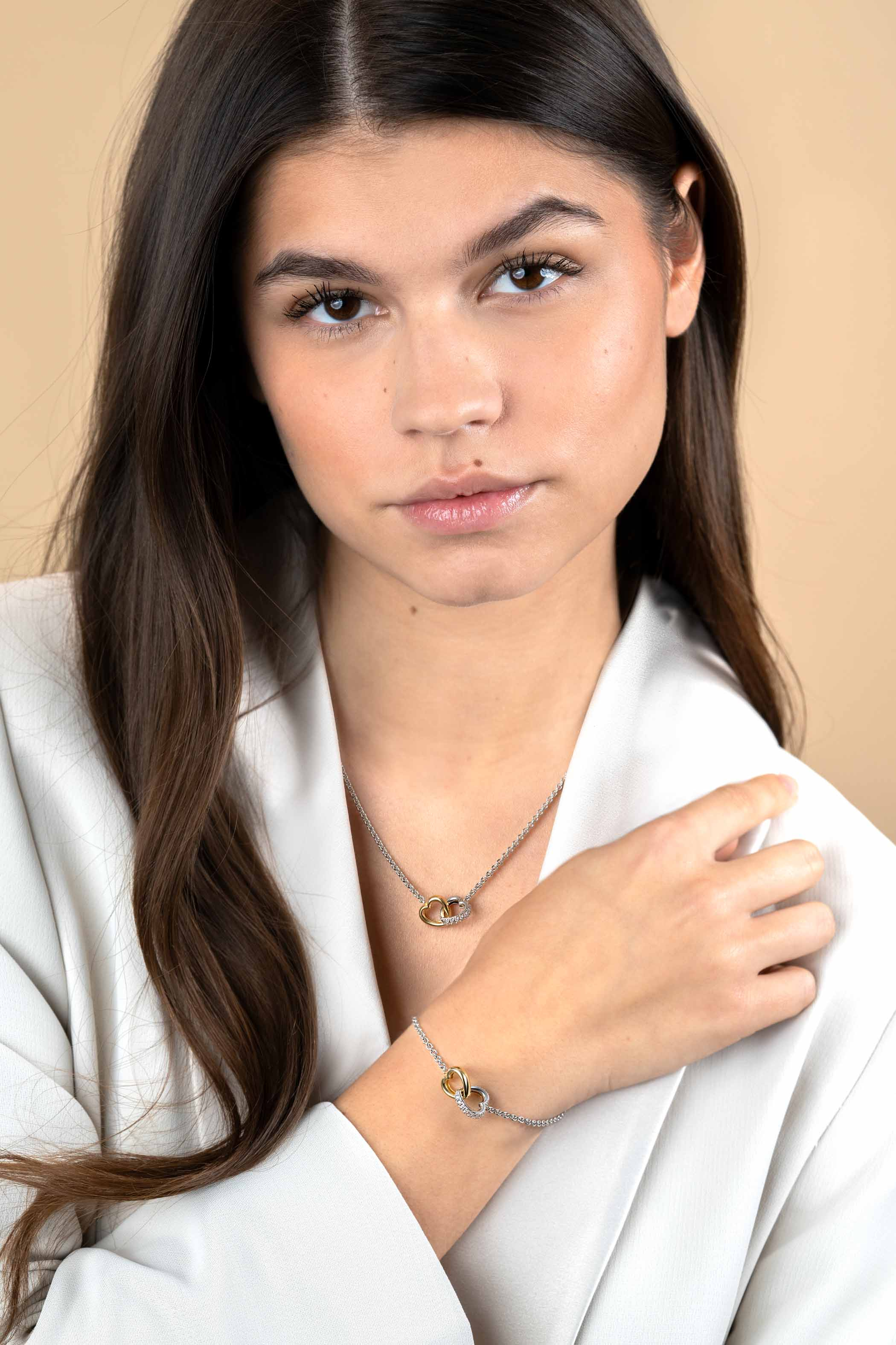 ZINZI Sterling Sterling Silver Bracelet Bicolor with 2 Connected Hearts 17-20cm ZIA2276