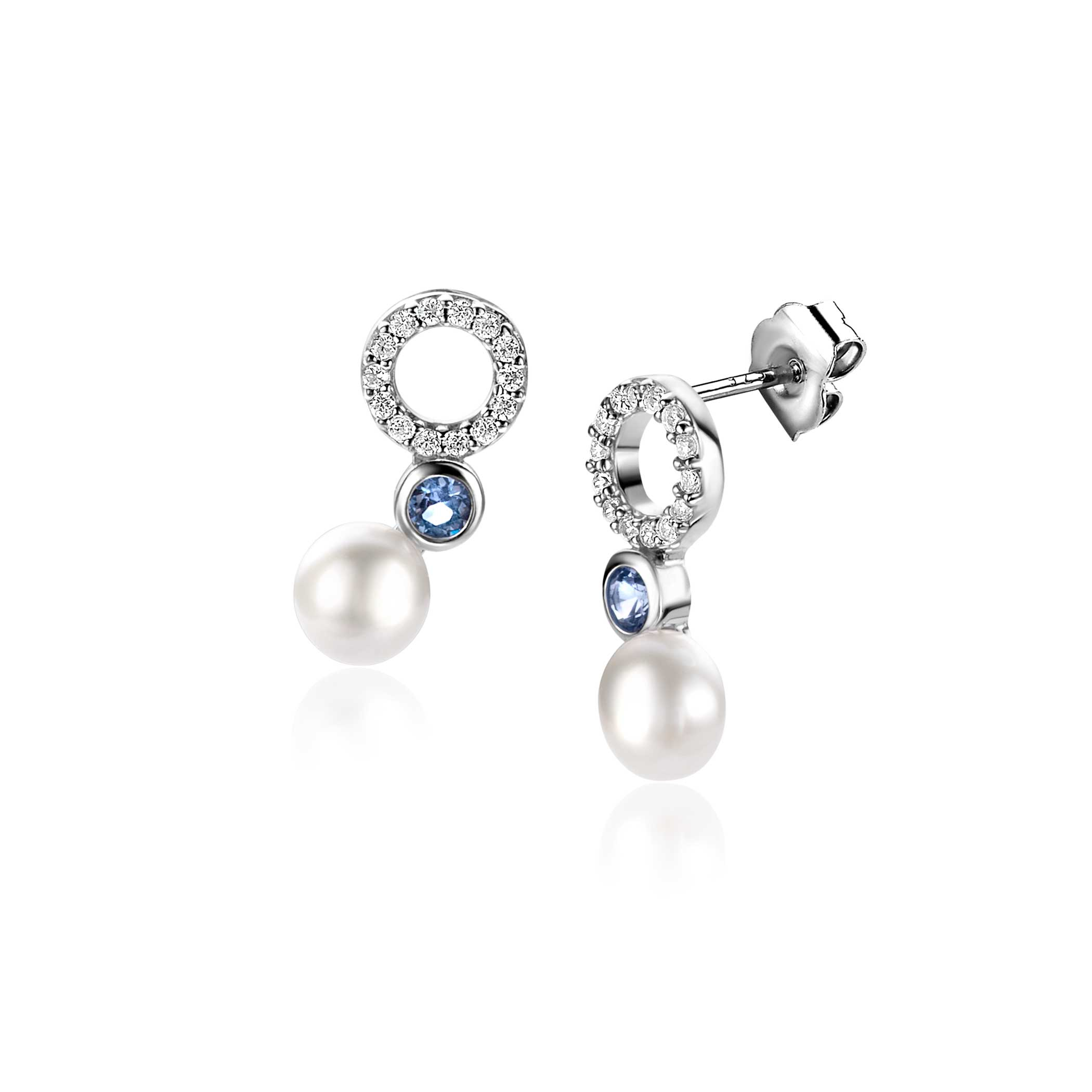 15mm ZINZI Sterling Silver Stud Earrings with White Pearl, Round Light Blue Color Stone and Open Circle White Zirconias ZIO2442