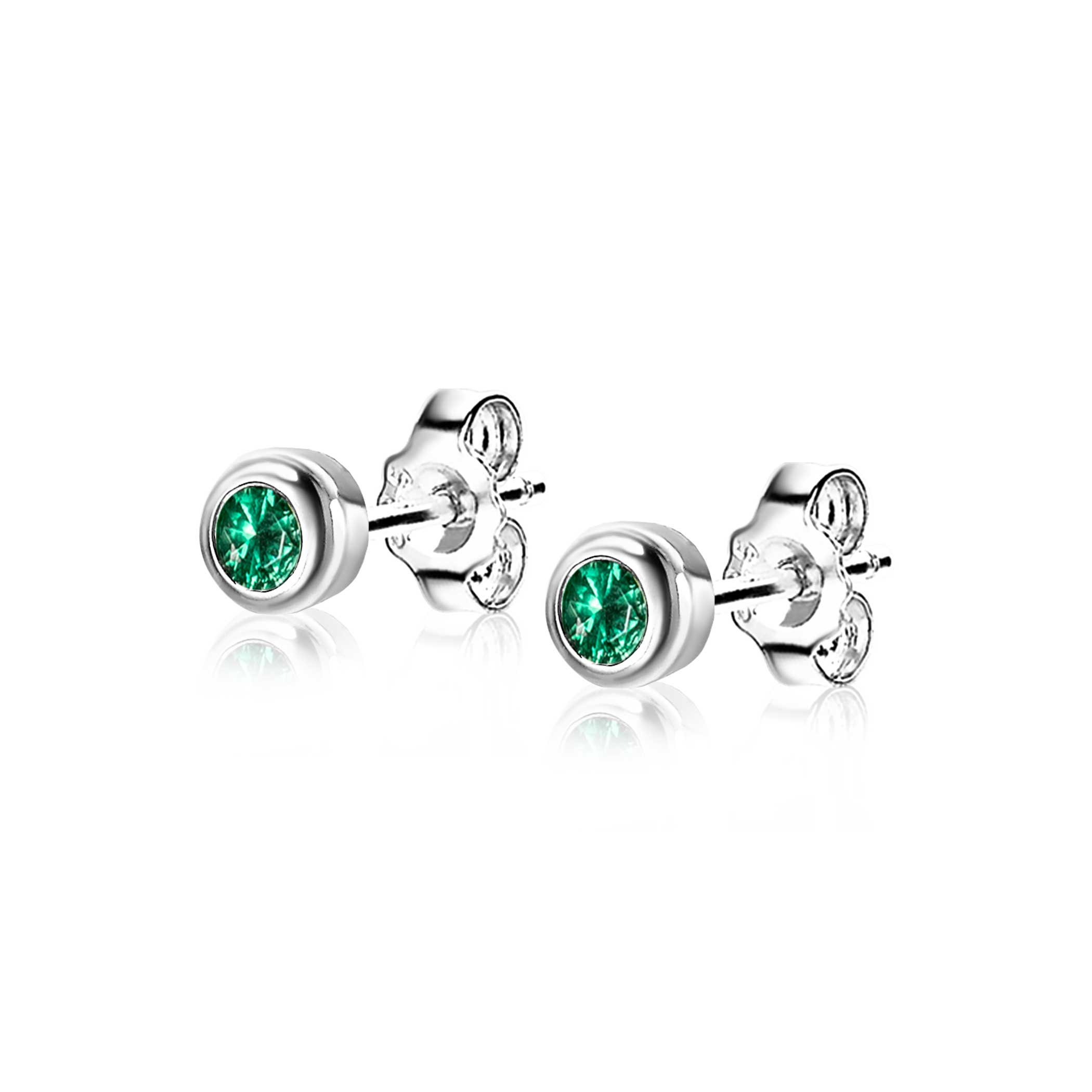 MAY Stud Earrings 4mm Sterling Silver with Birthstone Green Emerald Zirconia