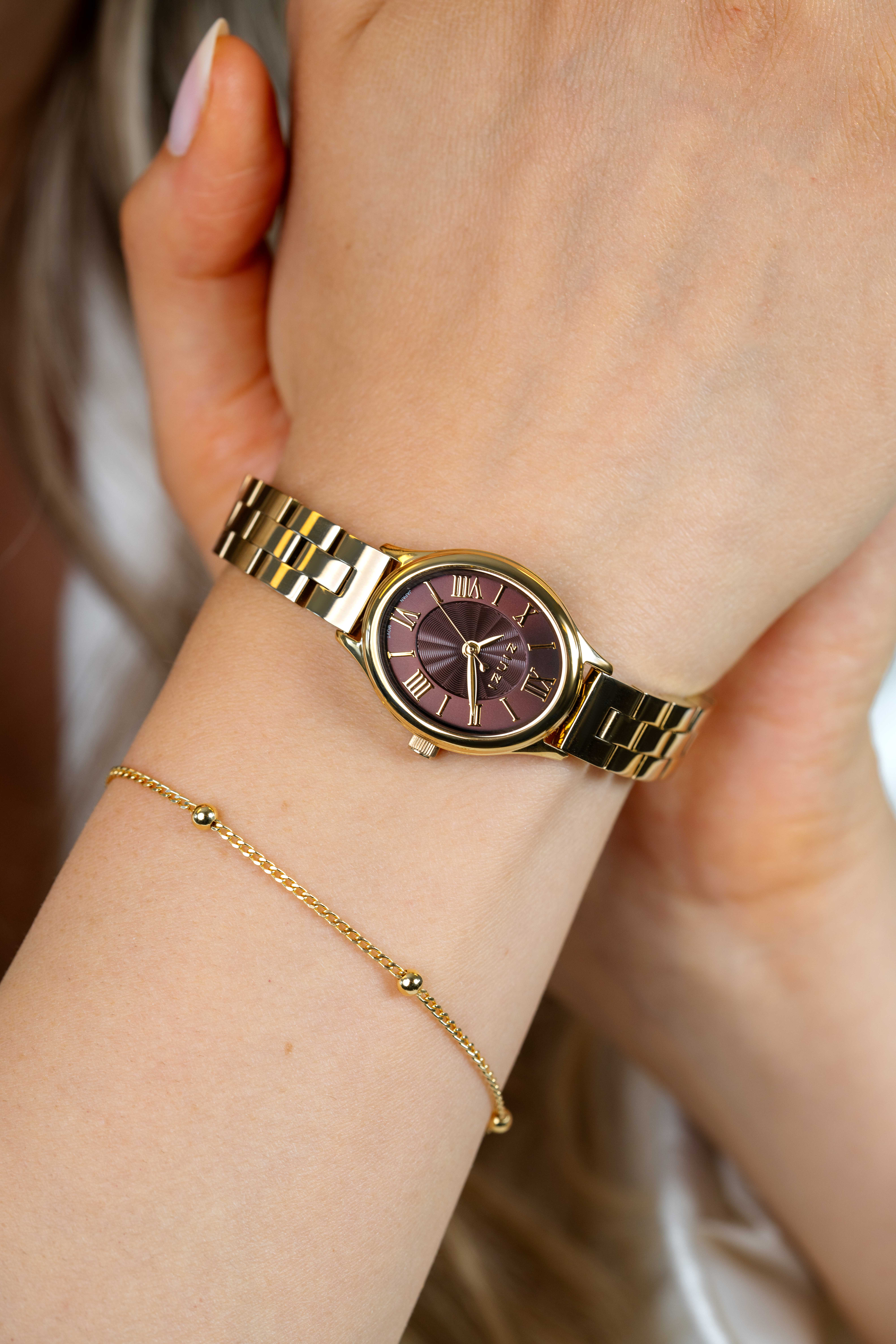 ZINZI Belle Ovale Watch 26mm Brown Colored Dial Gold Colored Case and Stainless Steel Band, Japanese movement ZIW2936