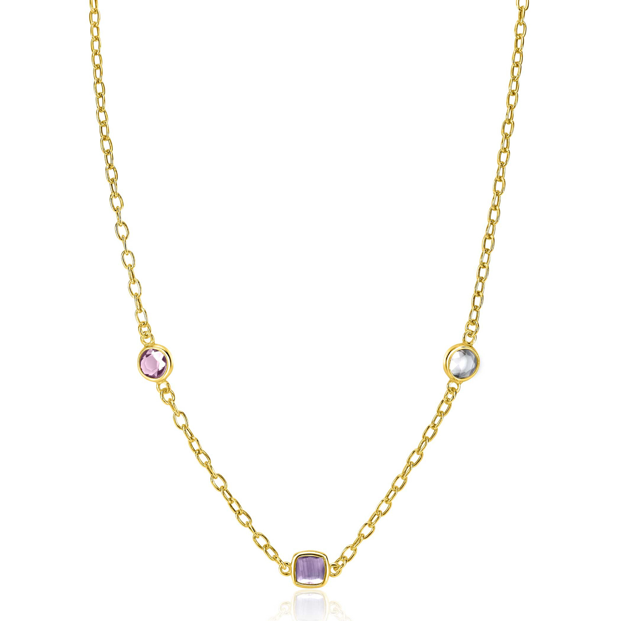 ZINZI Gold Plated Sterling Silver Chain Necklace with Round and Square Settings with Pastel and Purple Color Stone 42-45cm ZIC2525G