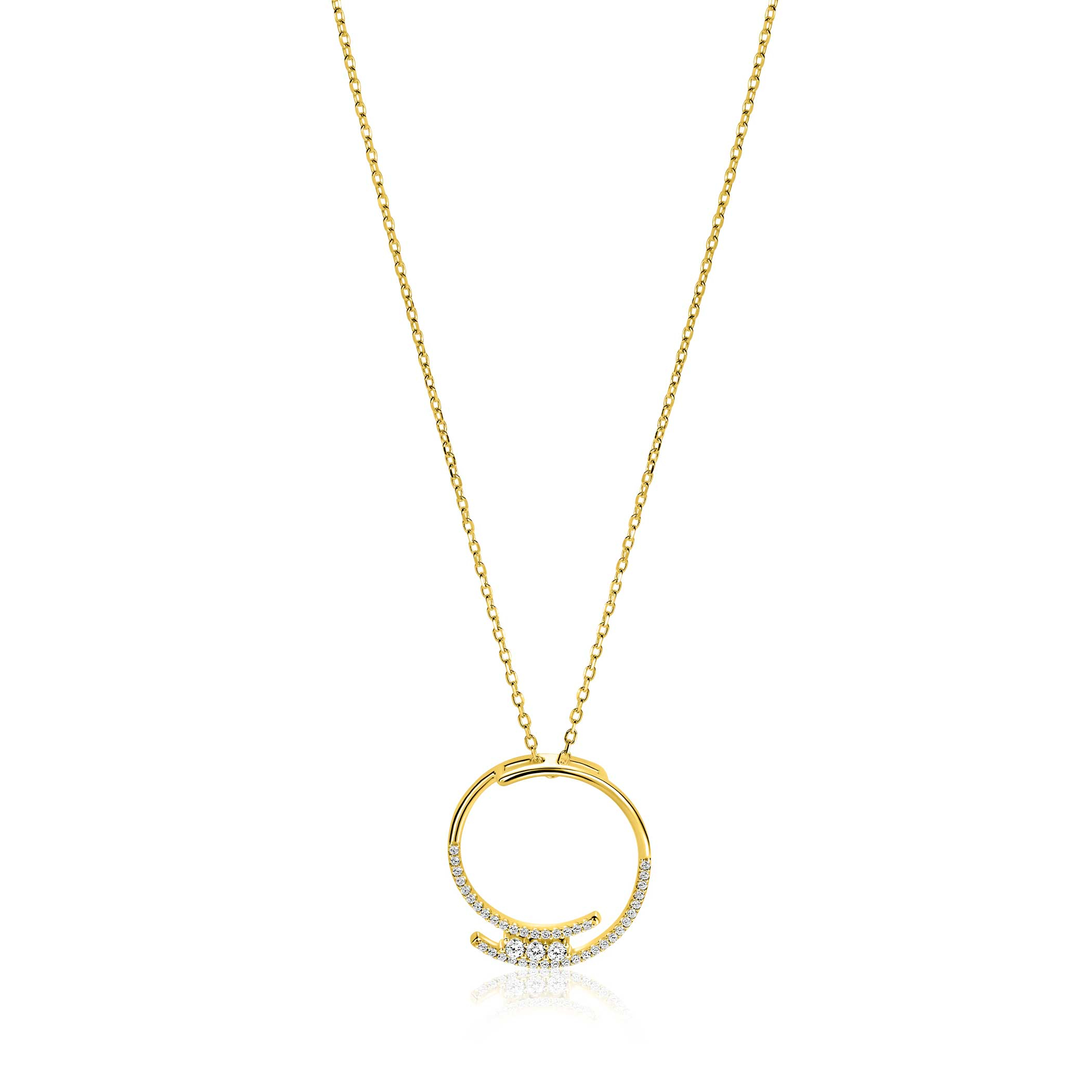 ZINZI gold plated silver necklace with large open round pendant 25mm set with white cubic zirconias 45-50 cm ZIC2645Y
