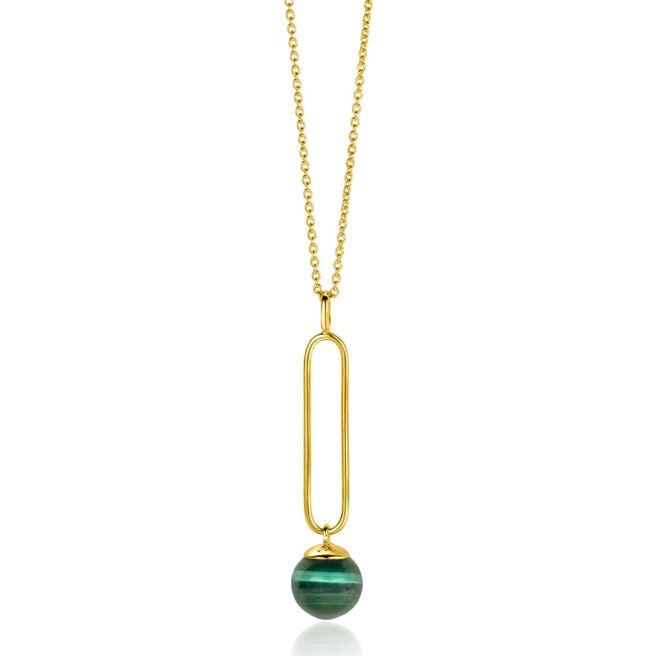 ZINZI Gold Plated Sterling Silver Necklace with Oval Pendant and Dangling Bead in Green Cat's Eye 40-45cm ZIC2420