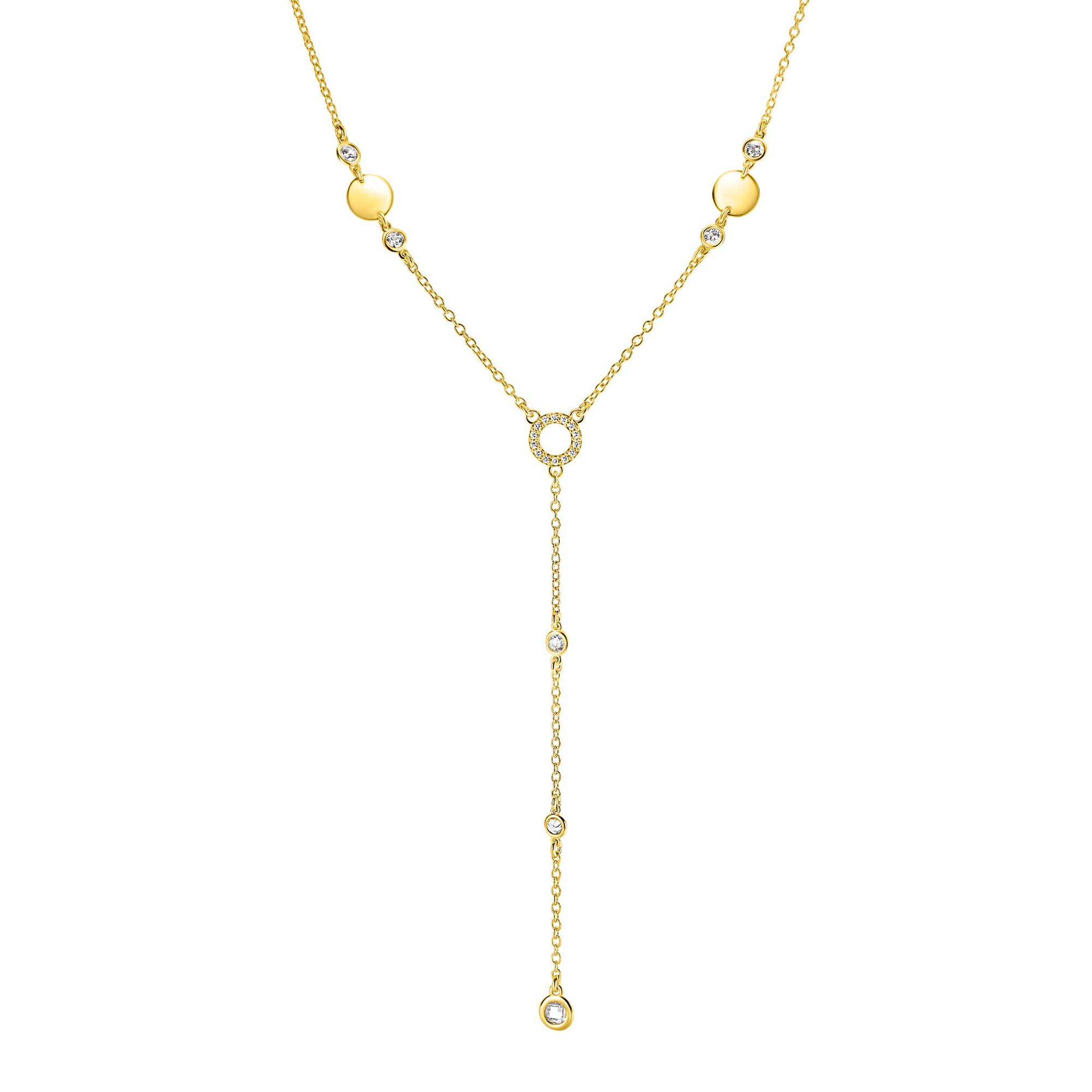 ZINZI zlv. Y-collier met ronde plaatjes en zirc.