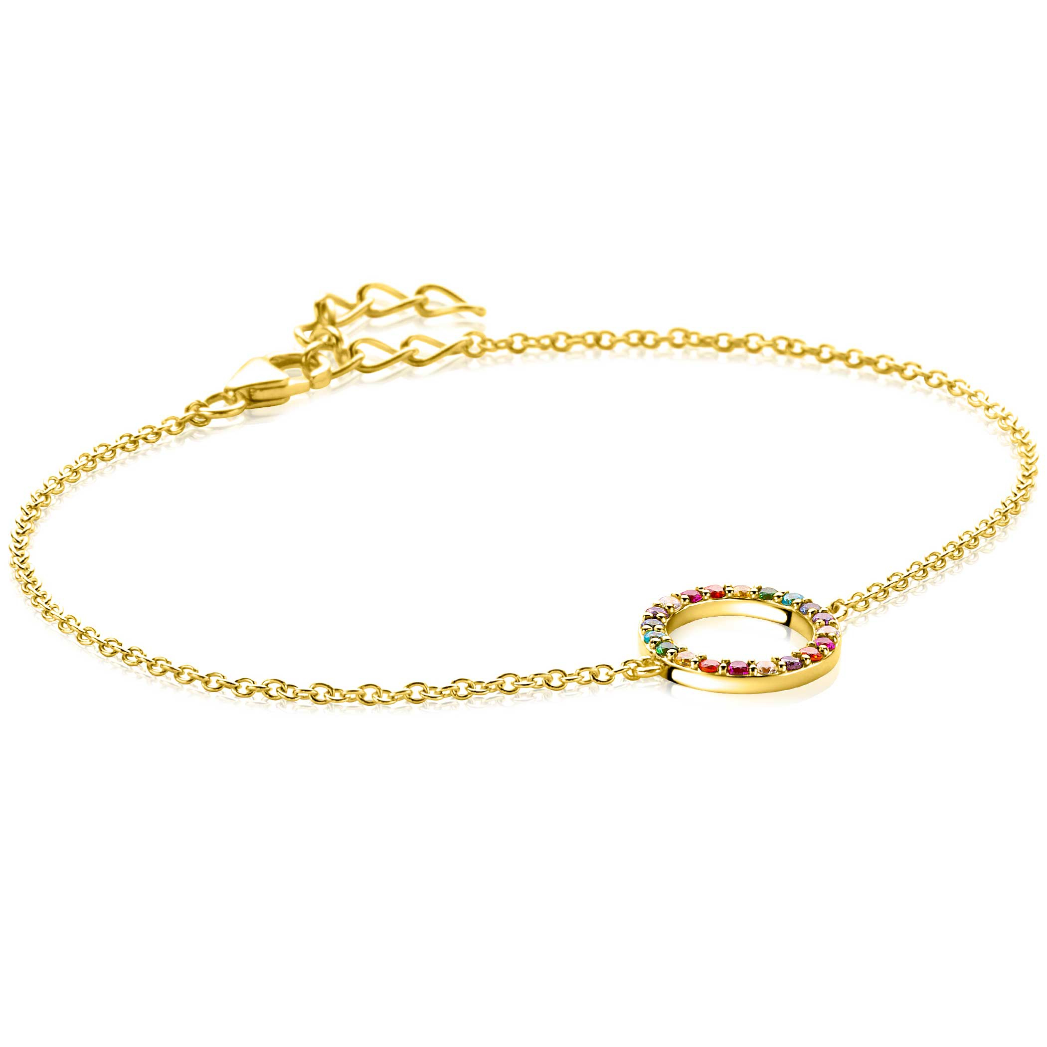 ZINZI gold plated silver bracelet with open circle 12mm set with rainbow stones 17-20cm ZIA2170
