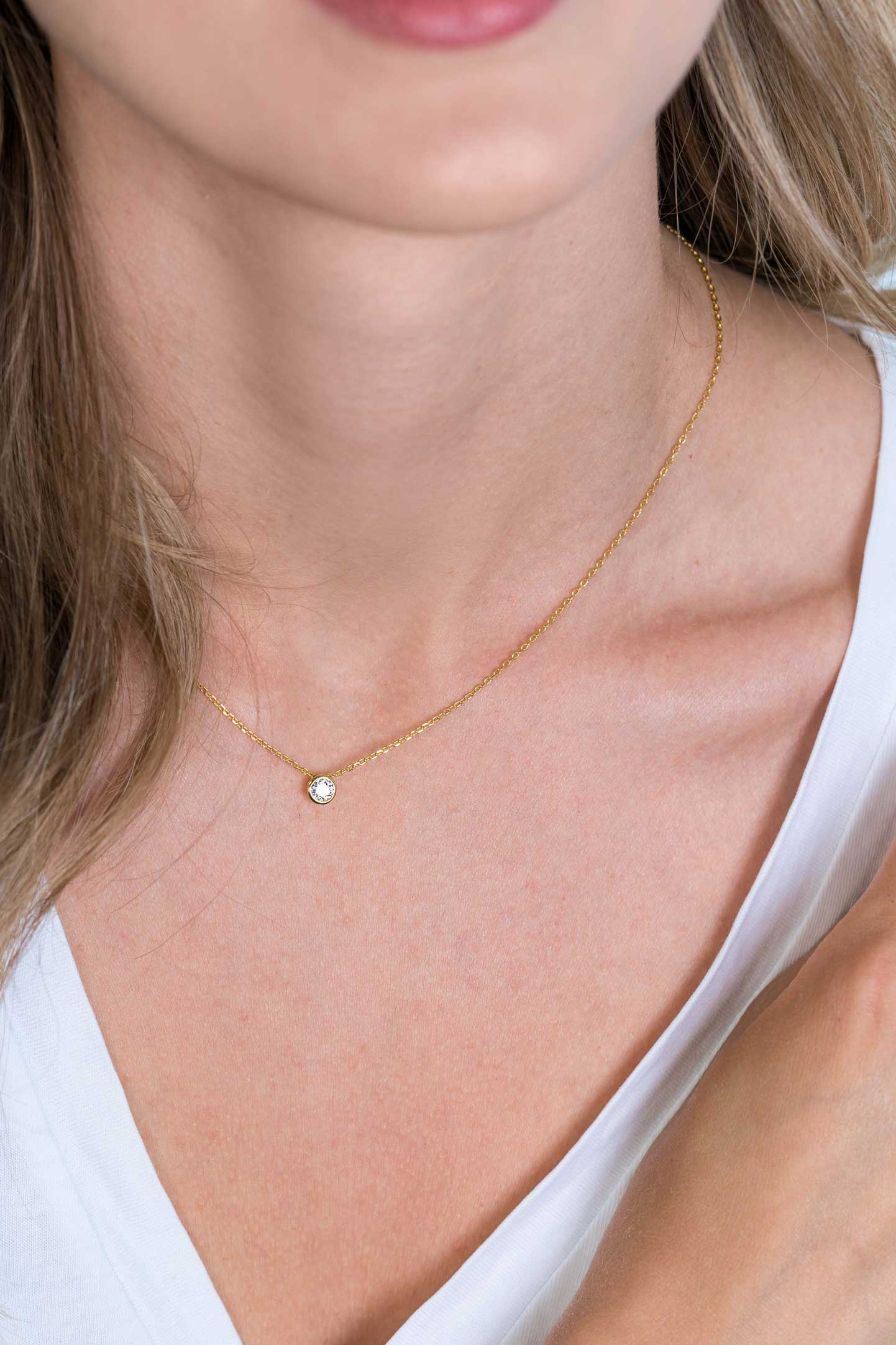 ZINZI Gold Plated Sterling Silver Necklace Round Setting with White Zirconia 40-43cm ZIC1393Y