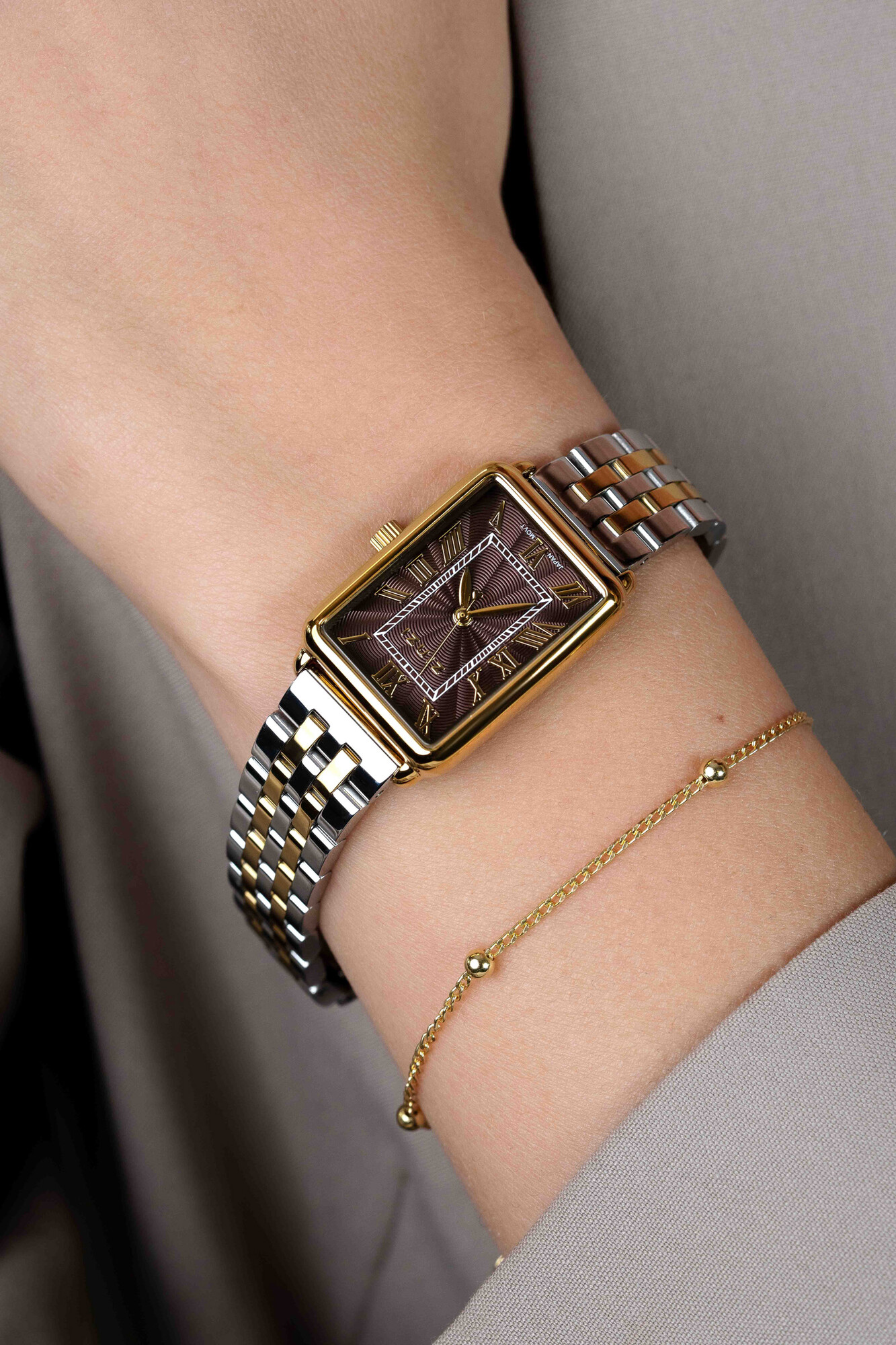 ZINZI Elegance Watch 28mm Brown Dial and Rectangular Case Stainless Steel bicolor Chain Strap Japanese movement ZIW1936