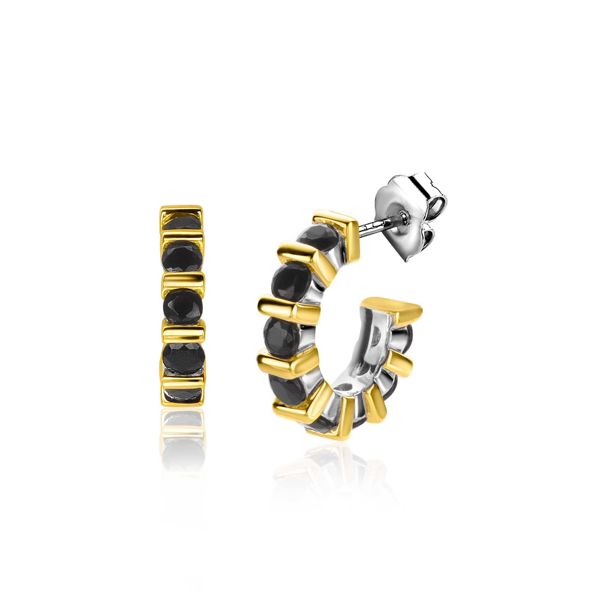 16mm ZINZI Sterling Silver Earrings Bicolor Square and Round Black Zirconias ZIO2252
