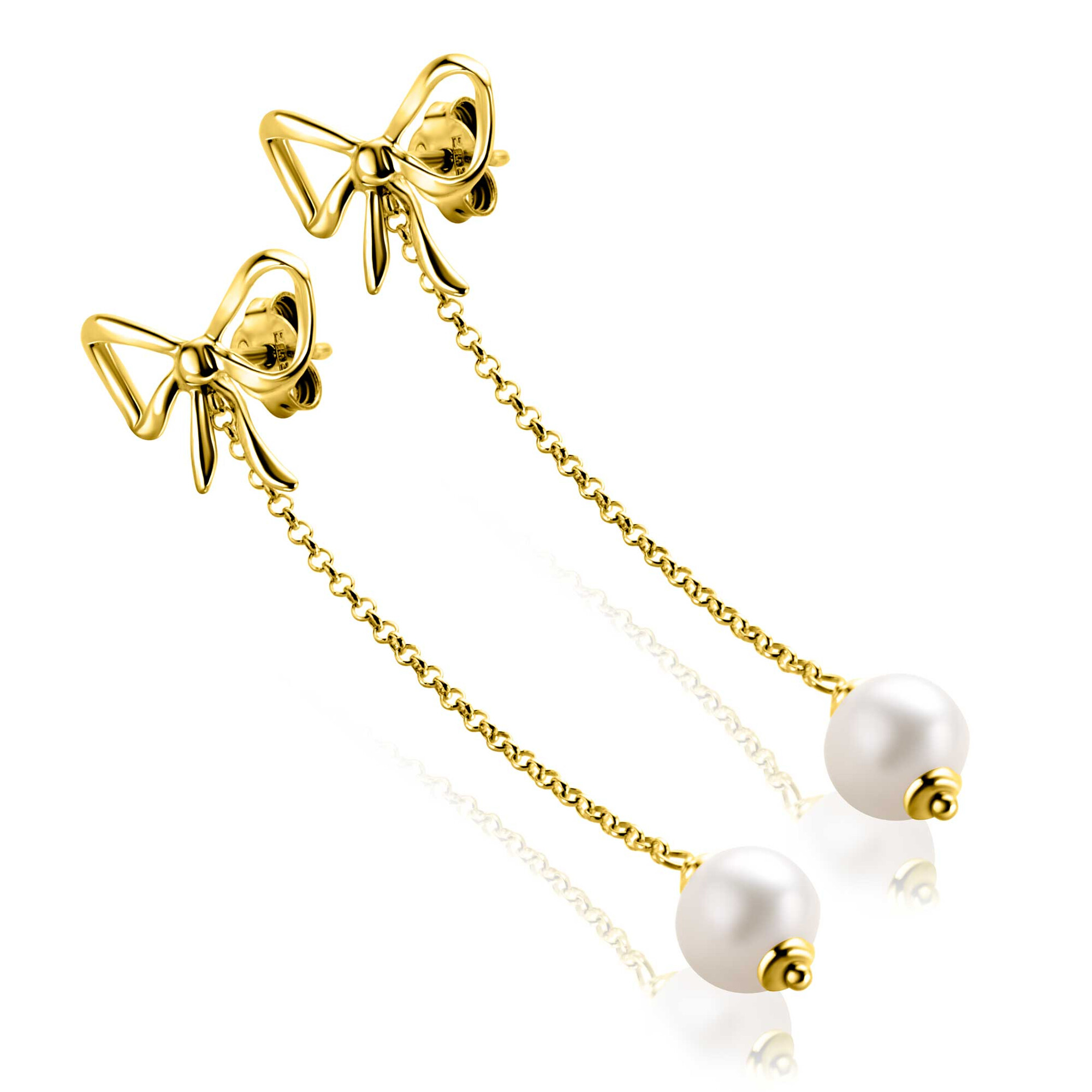 60mm ZINZI gold plated silver bow stud earrings with chain and freshwater pearl ZIO2677