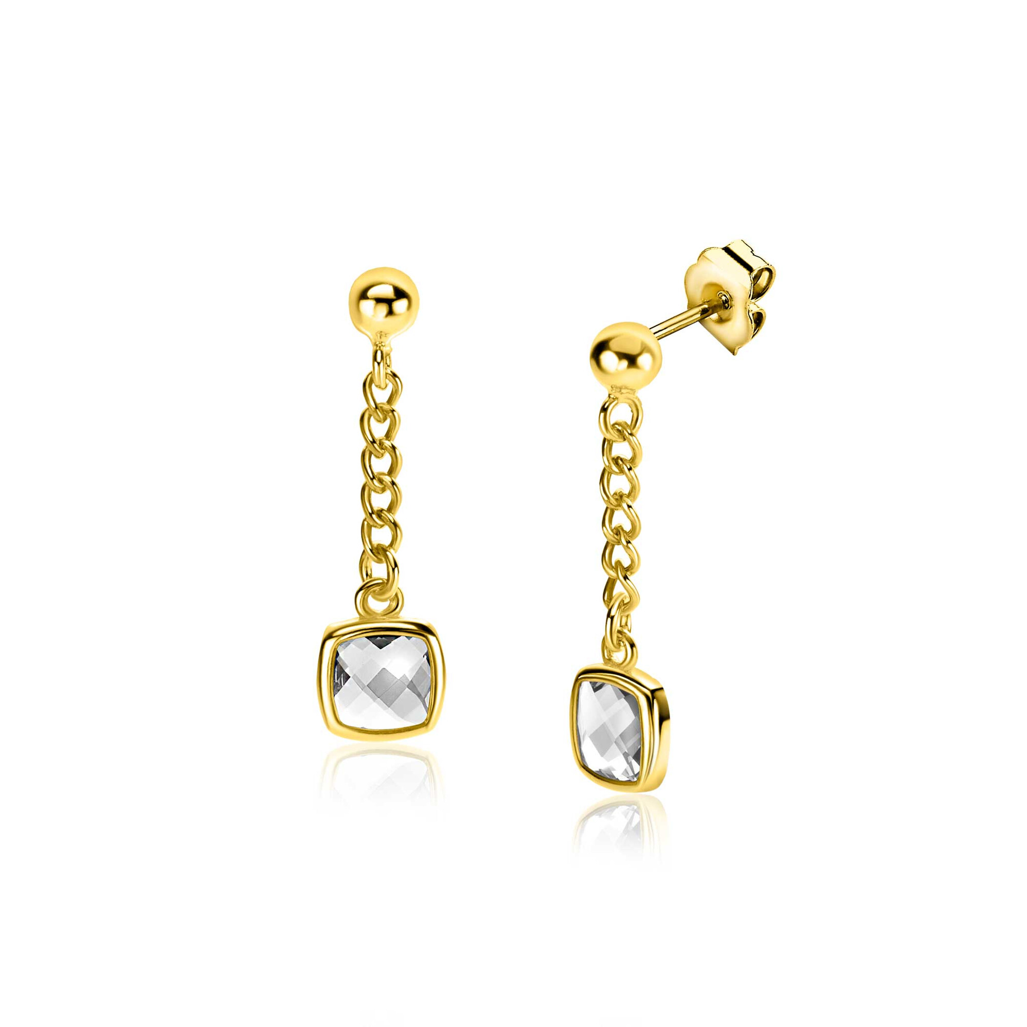 25mm ZINZI gold plated silver stud earrings with gourmet chain and square setting white zirconia ZIO2417Y
