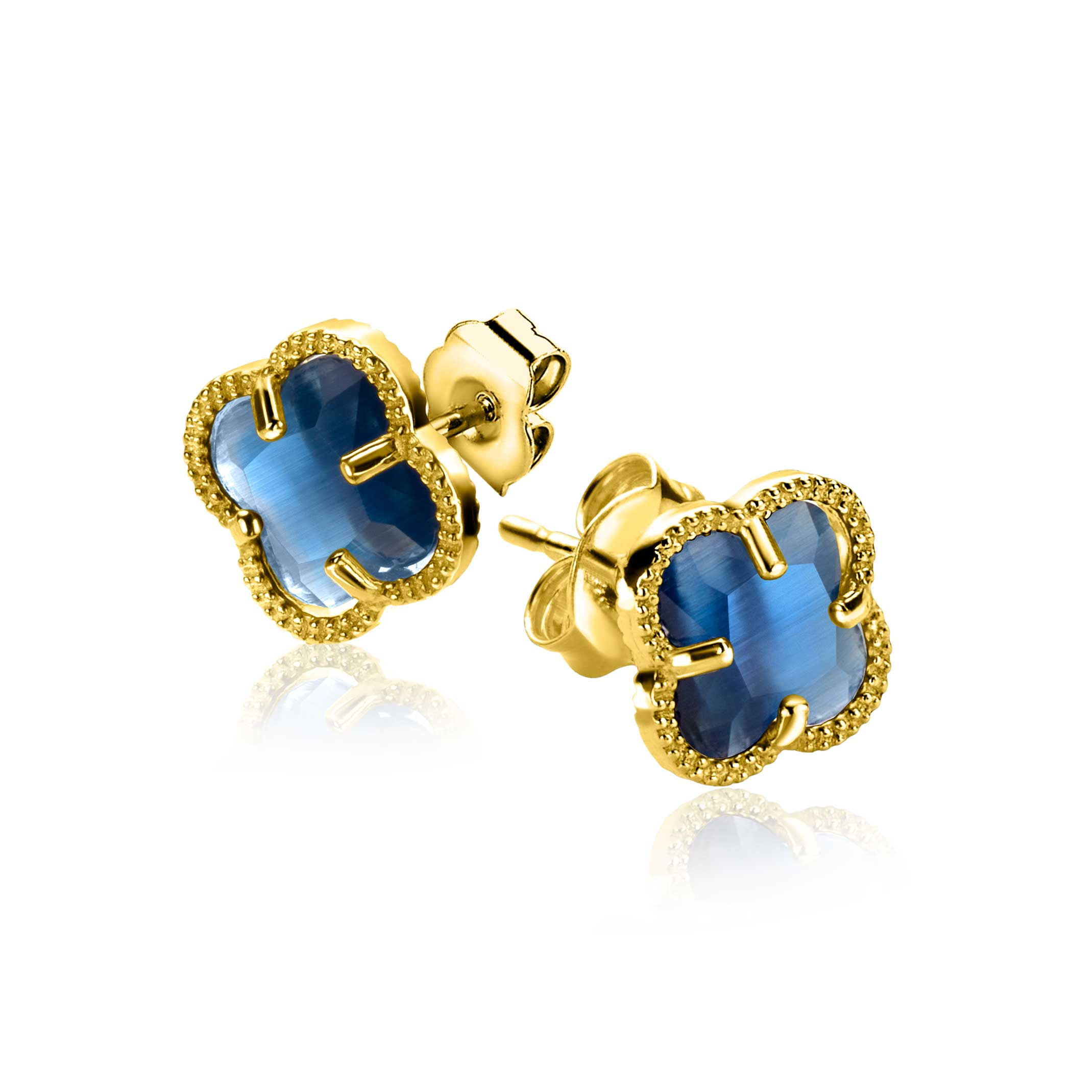 9mm ZINZI gold plated silver stud earrings in clover shape with dark blue gemstone ZIO2662DB