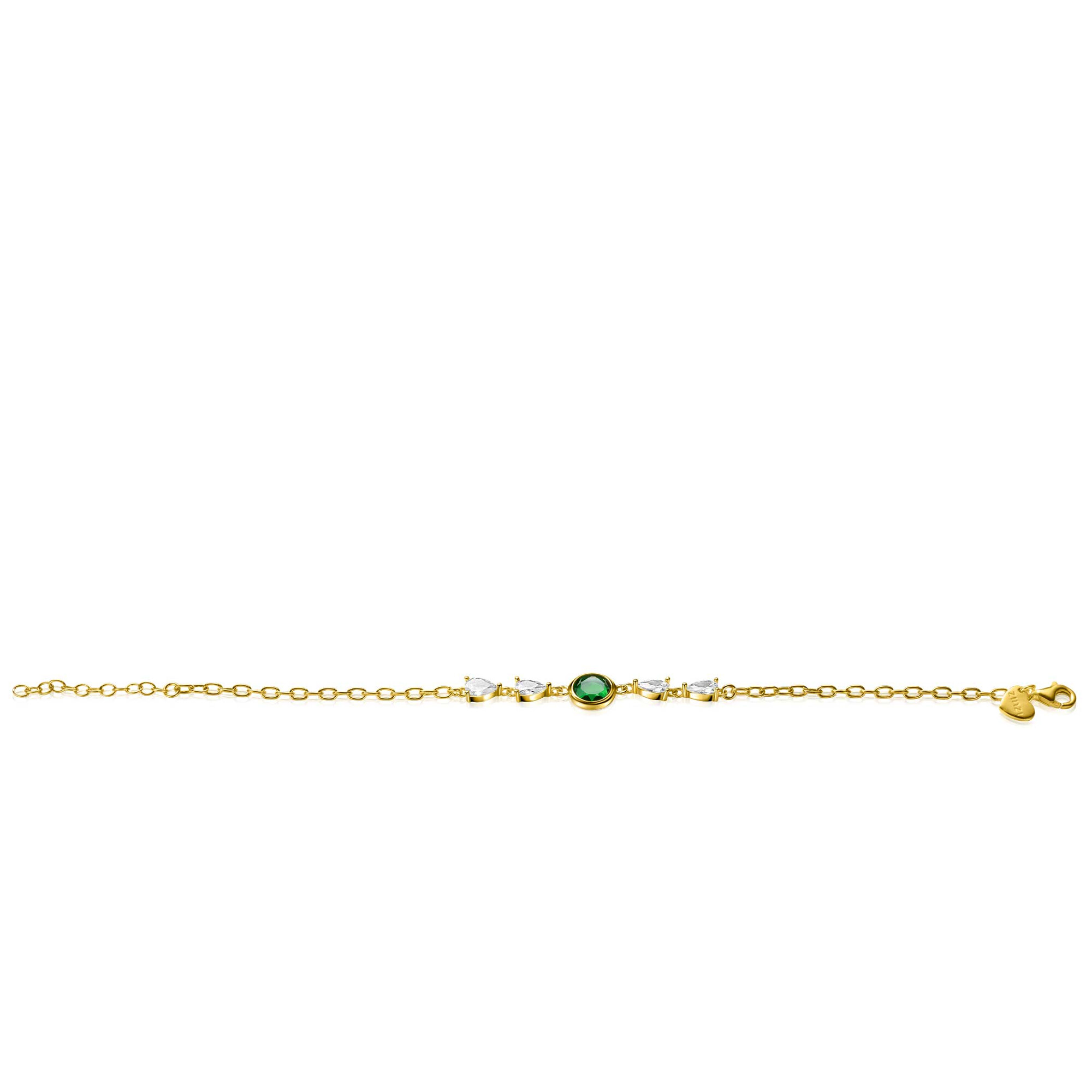 ZINZI Gold Plated Sterling Silver Bracelet Set with a Single Round Green Color Stone and 4 Pear-shaped White Zirconias 17-20cm ZIA-BF69G