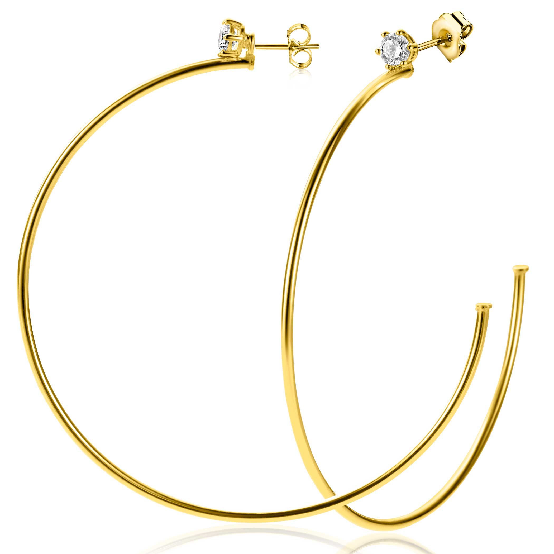 55mm ZINZI gold plated silver stud earrings with 5mm white zirconia and half hoop design, 55mm in size with 1.5mm tube thickness ZIO2574Y
