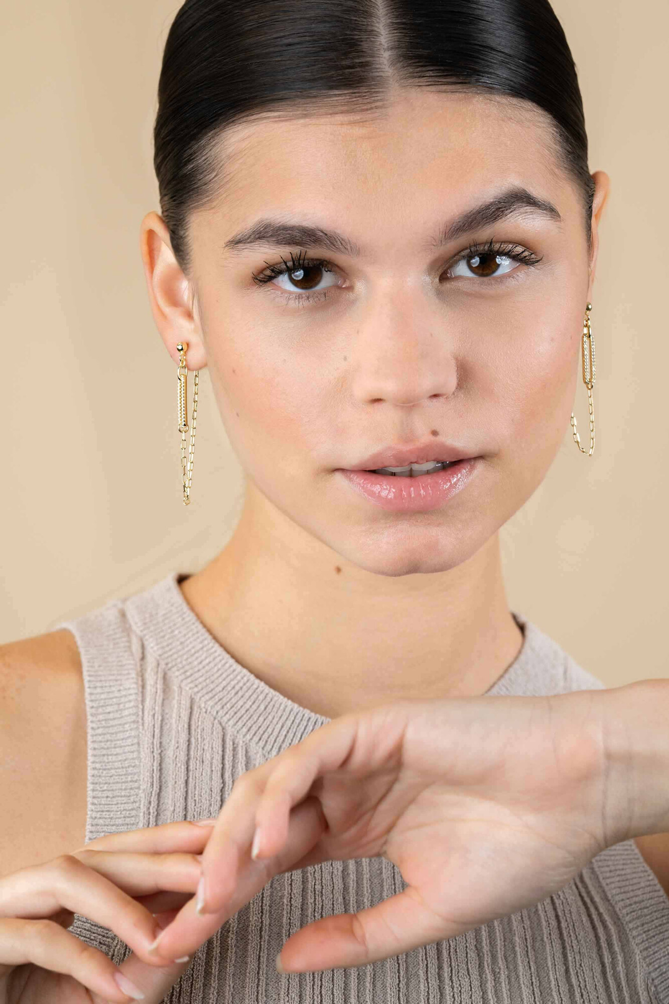 60mm ZINZI Gold Plated Sterling Silver Stud Earrings with Paperclip Chain and Open Oval White Zirconias ZIO2538