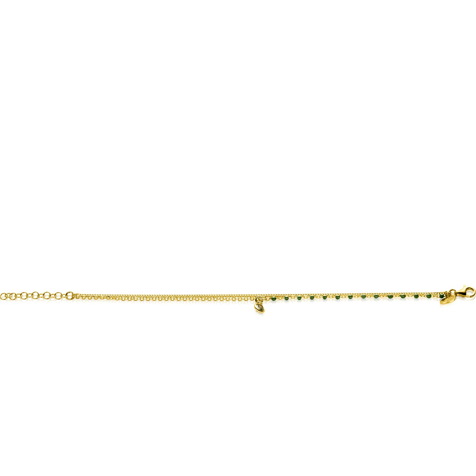 ZINZI Gold Plated Sterling Silver Multi-look Bracelet Curb and Green Bead Chain with Round Setting with Olive Green Color Stone 16,5-19,5cm ZIA2528G